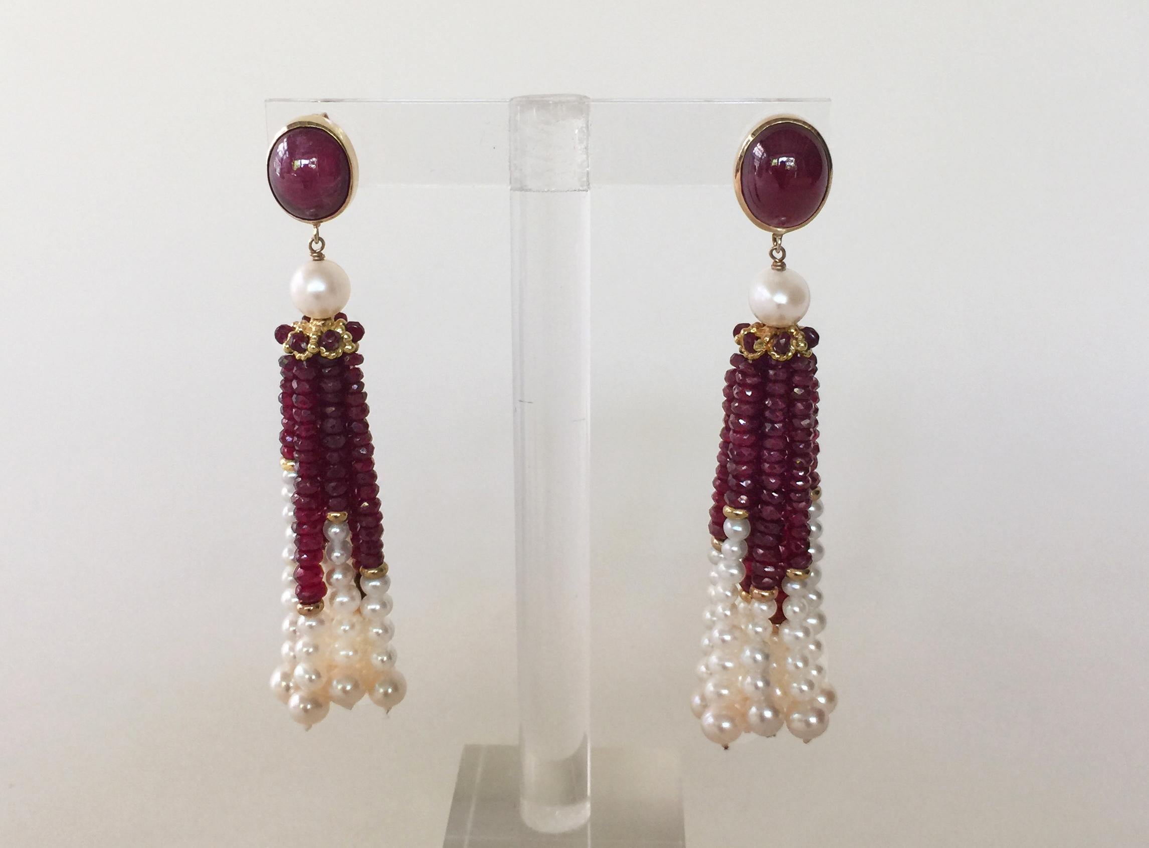 Artist White Pearl and Ruby Graduated Tassel Earrings with 14k Yellow Gold 