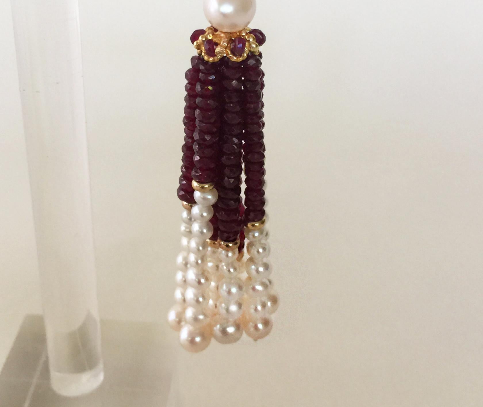 White Pearl and Ruby Graduated Tassel Earrings with 14k Yellow Gold  In New Condition In Los Angeles, CA