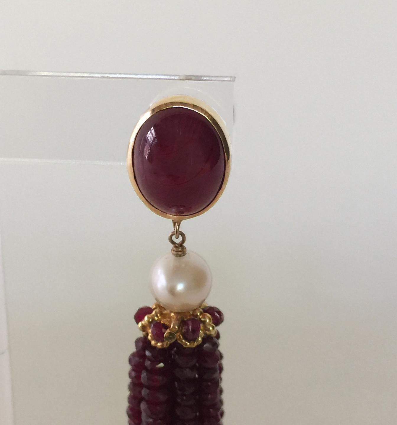 Women's White Pearl and Ruby Graduated Tassel Earrings with 14k Yellow Gold 