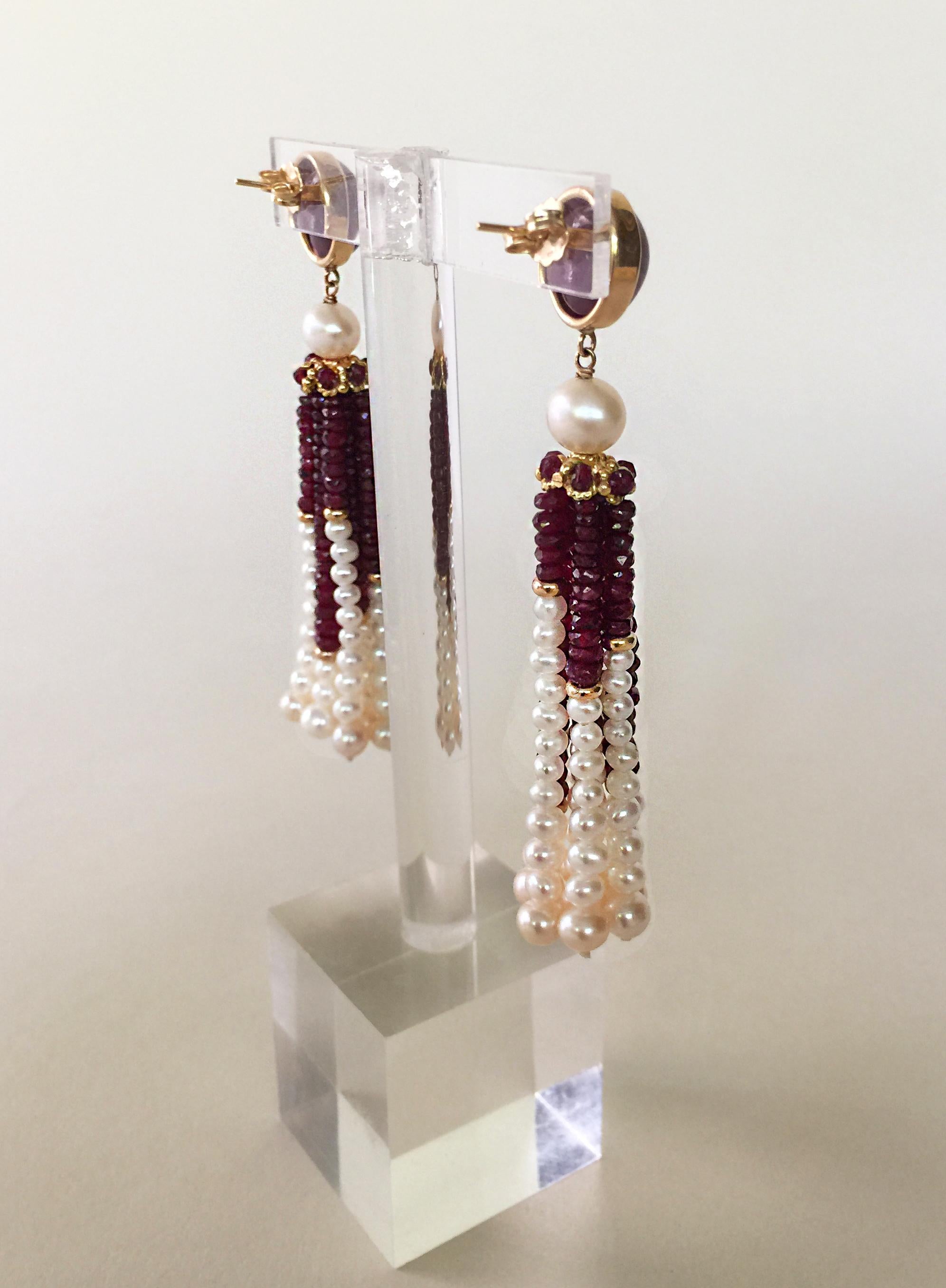 White Pearl and Ruby Graduated Tassel Earrings with 14k Yellow Gold  1