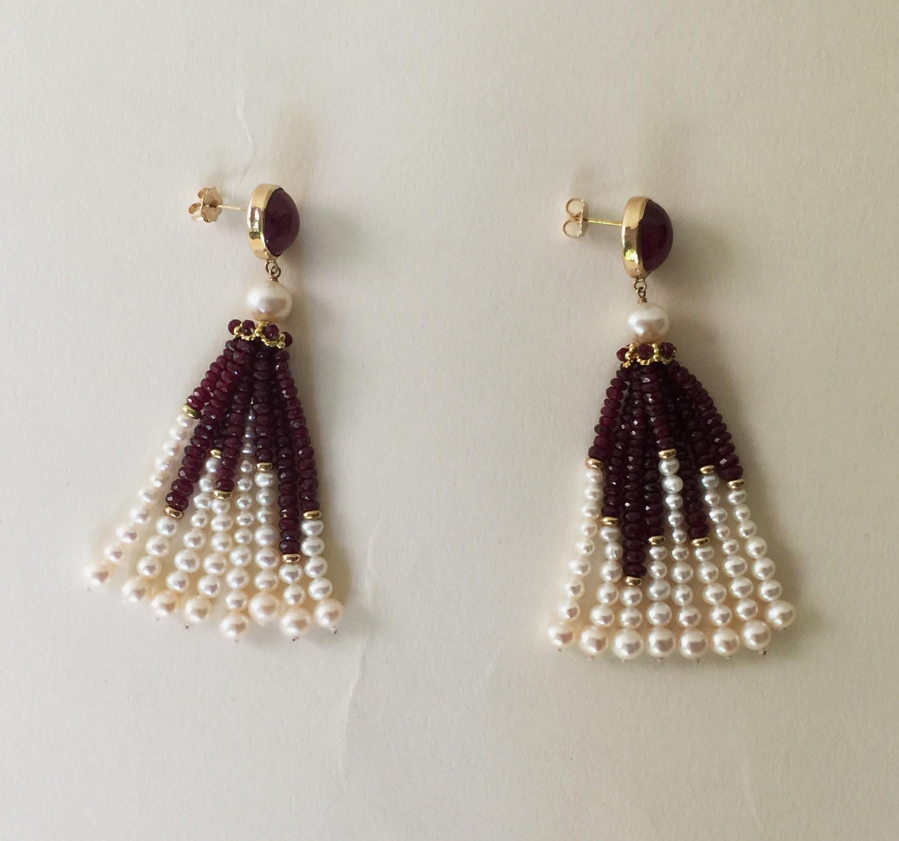 White Pearl and Ruby Graduated Tassel Earrings with 14k Yellow Gold  2