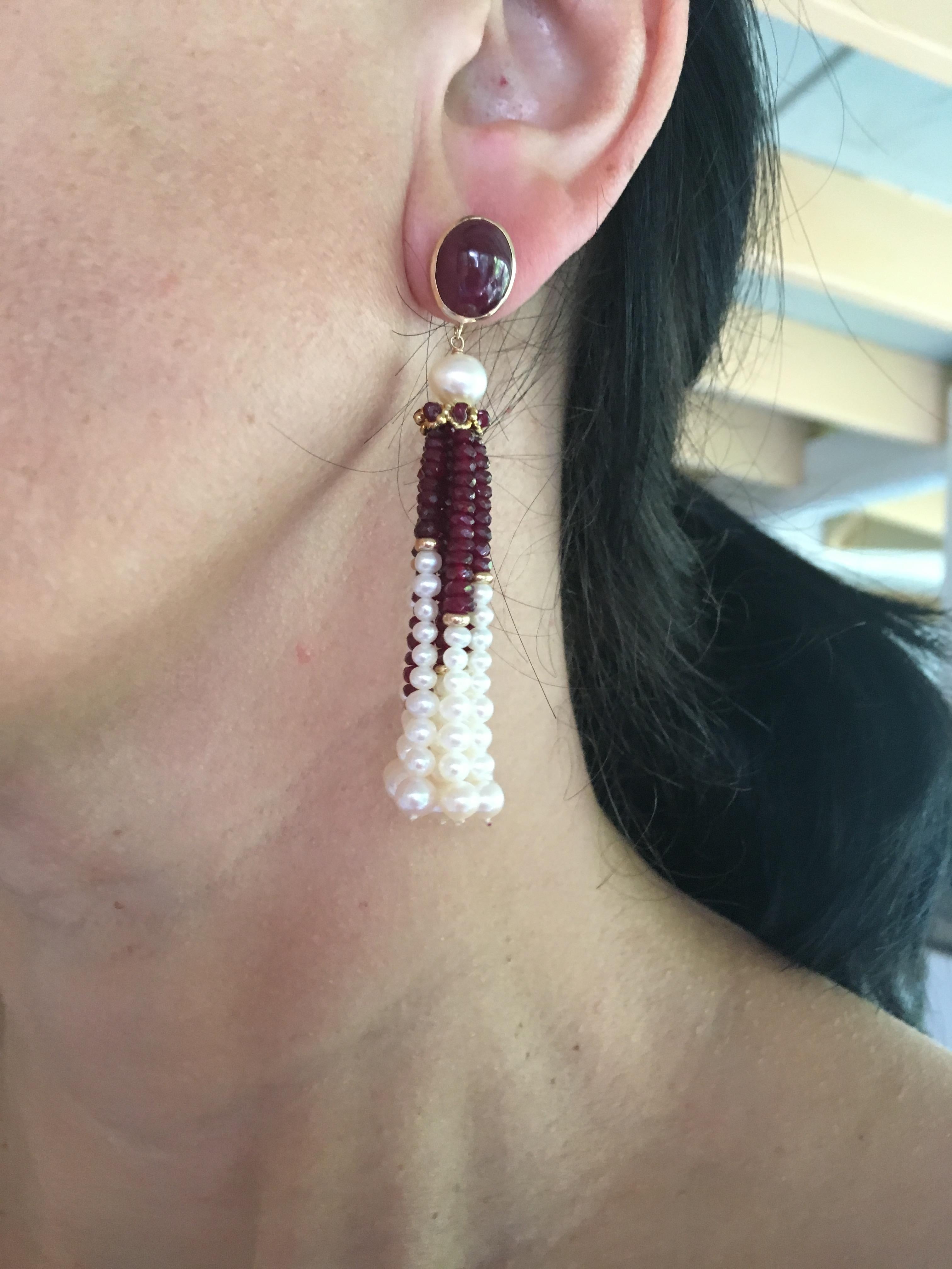 White Pearl and Ruby Graduated Tassel Earrings with 14k Yellow Gold  4
