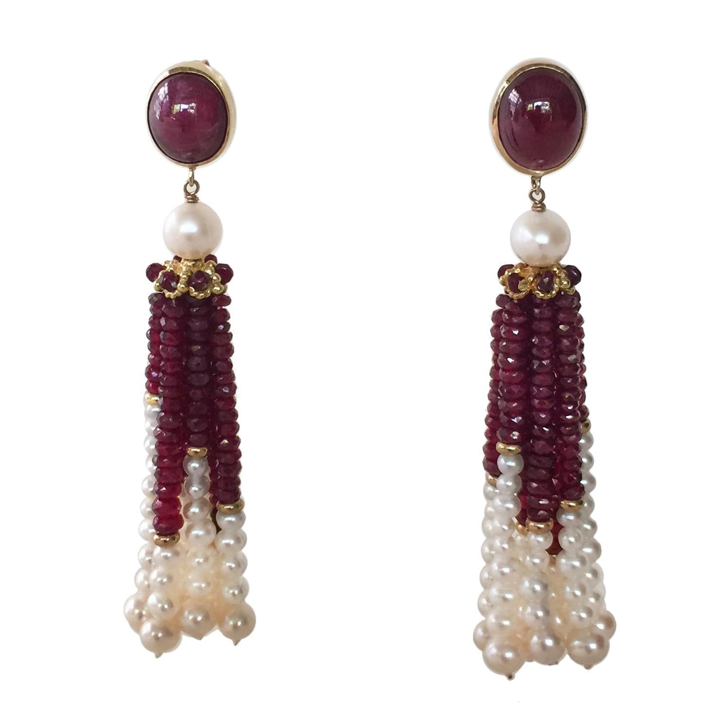 White Pearl and Ruby Graduated Tassel Earrings with 14k Yellow Gold 