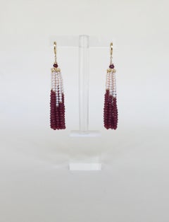 Marina J White Pearl and Ruby Graduated Tassel Earrings with 14 K Yellow Gold