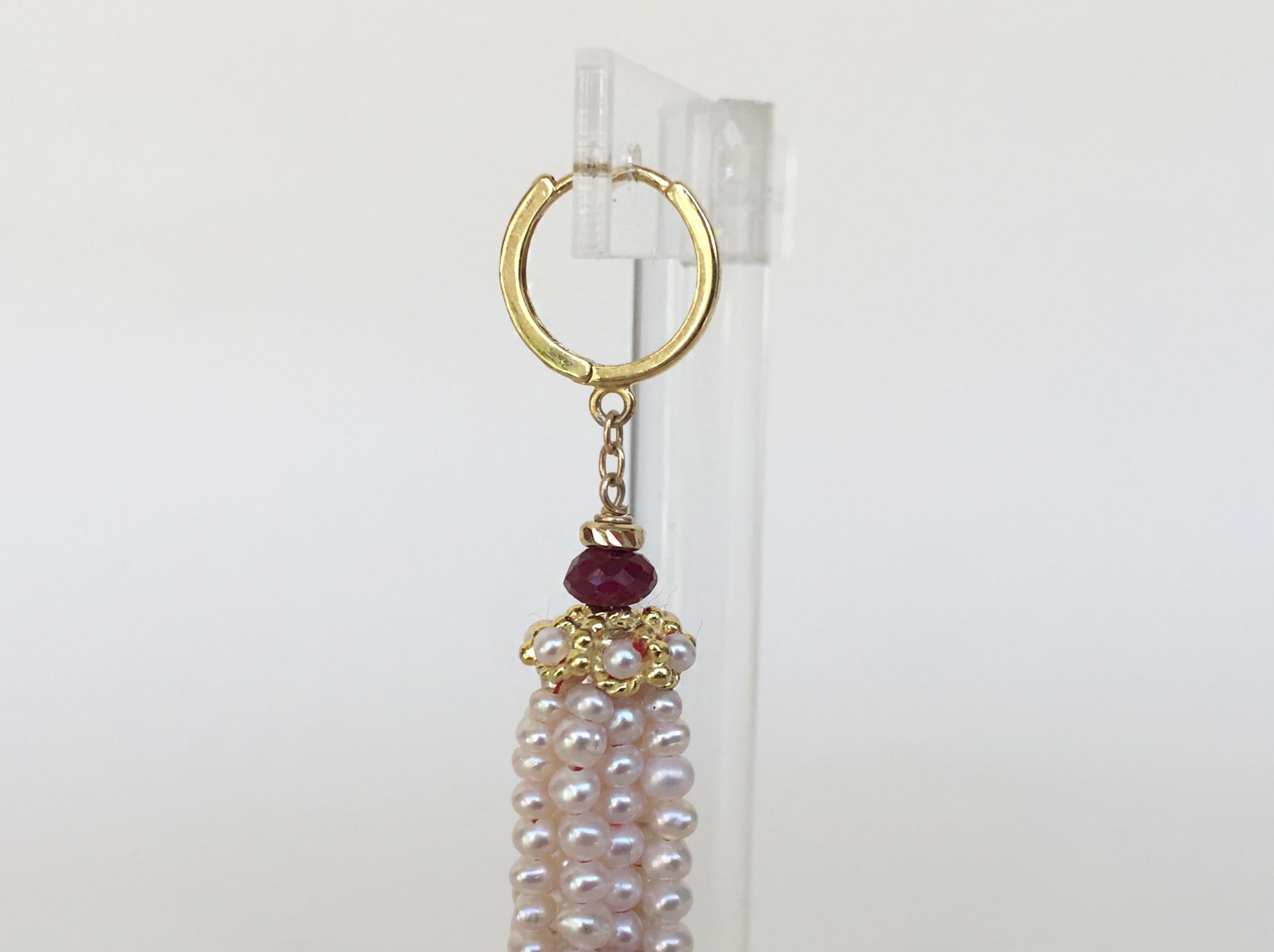 Artist Marina J White Pearl and Ruby Graduated Tassel Earrings with 14 K Yellow Gold 