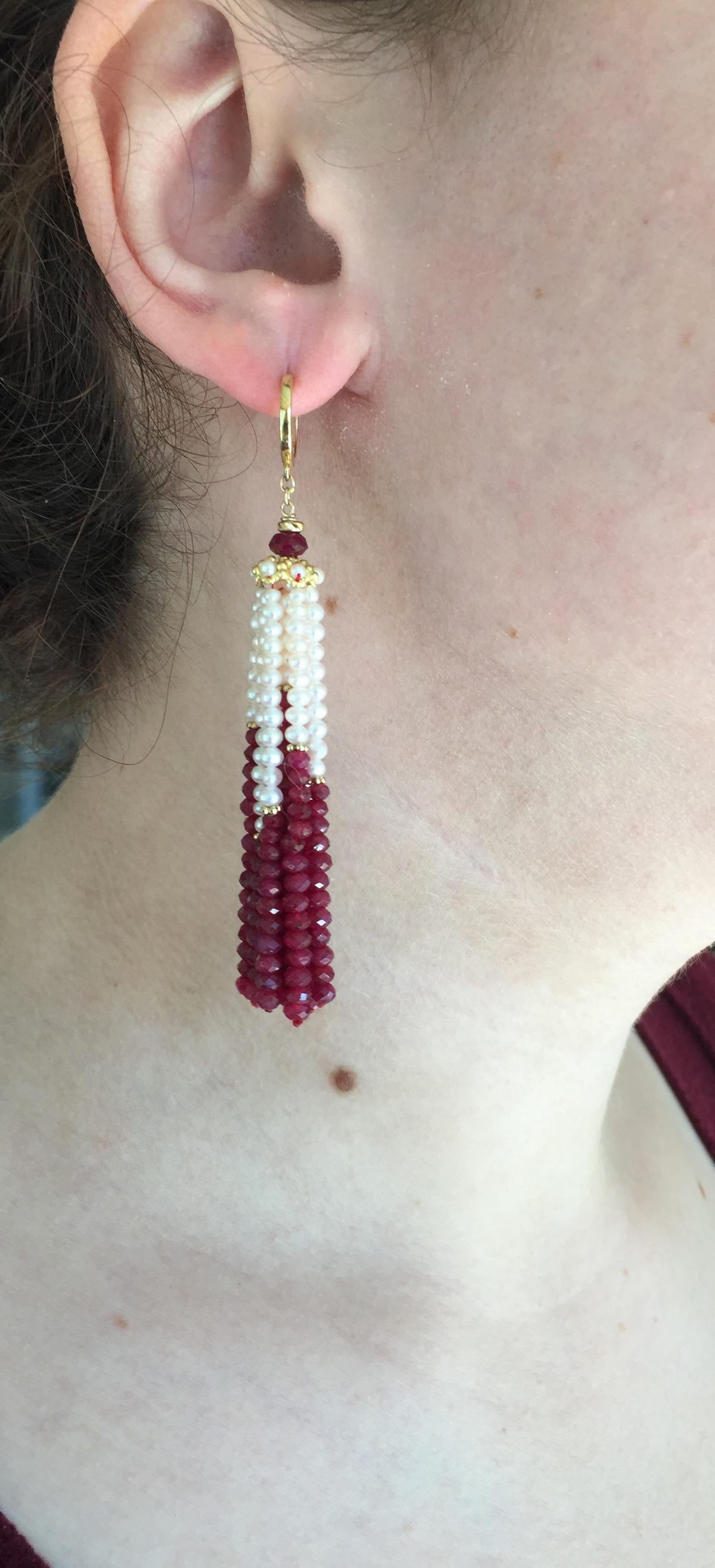 Bead Marina J White Pearl and Ruby Graduated Tassel Earrings with 14 K Yellow Gold 
