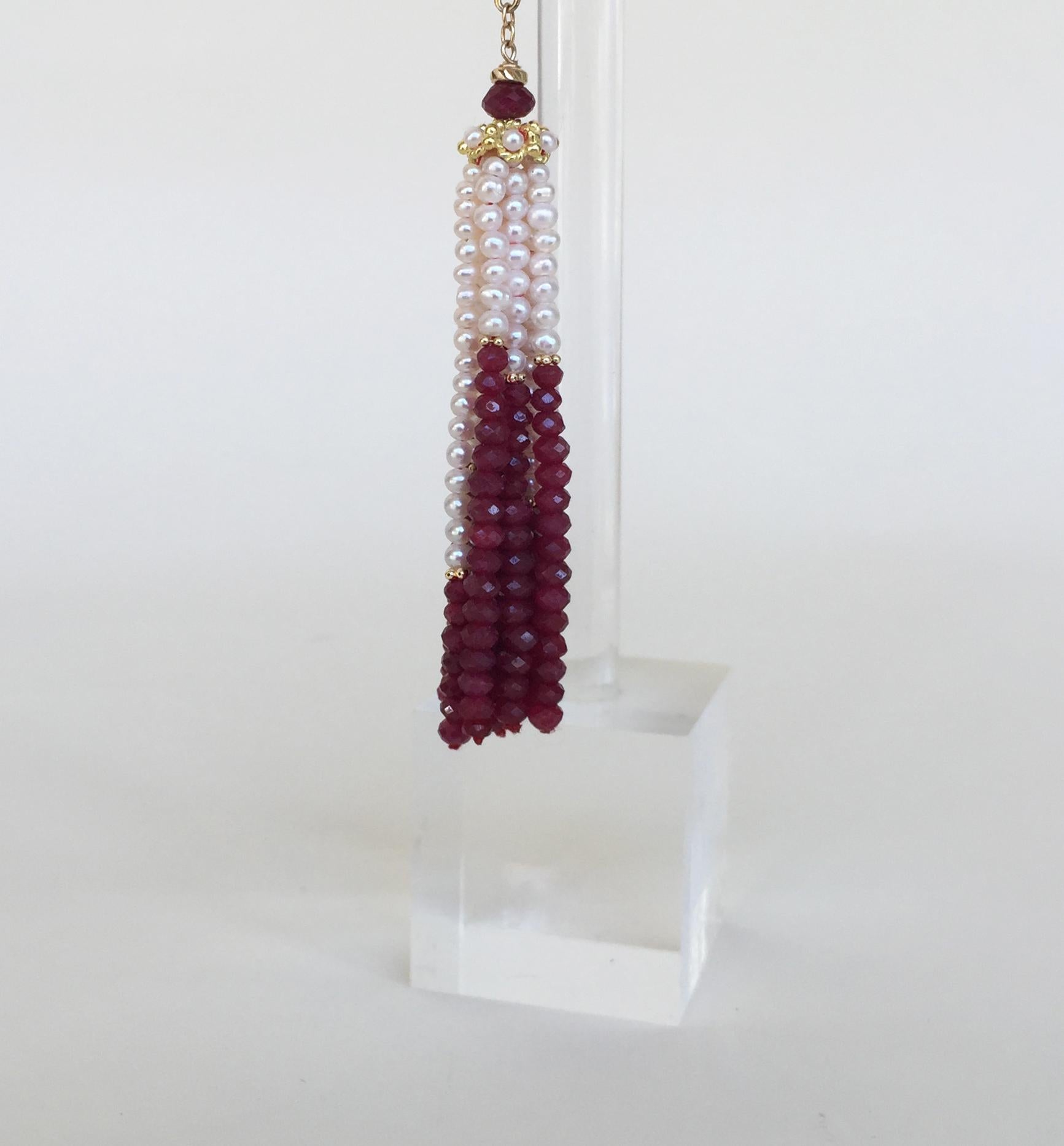 Marina J White Pearl and Ruby Graduated Tassel Earrings with 14 K Yellow Gold  In New Condition In Los Angeles, CA