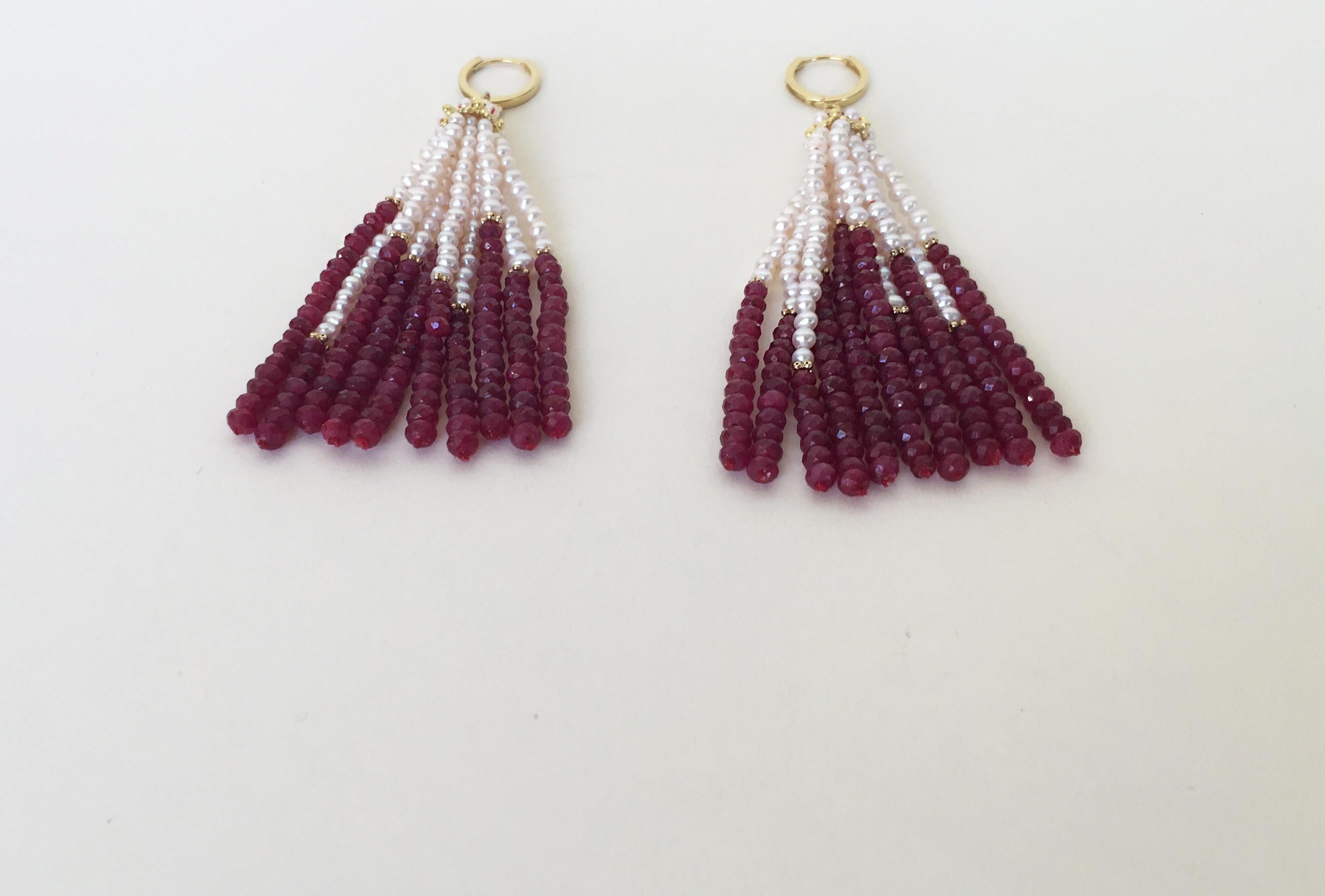 Women's Marina J White Pearl and Ruby Graduated Tassel Earrings with 14 K Yellow Gold 