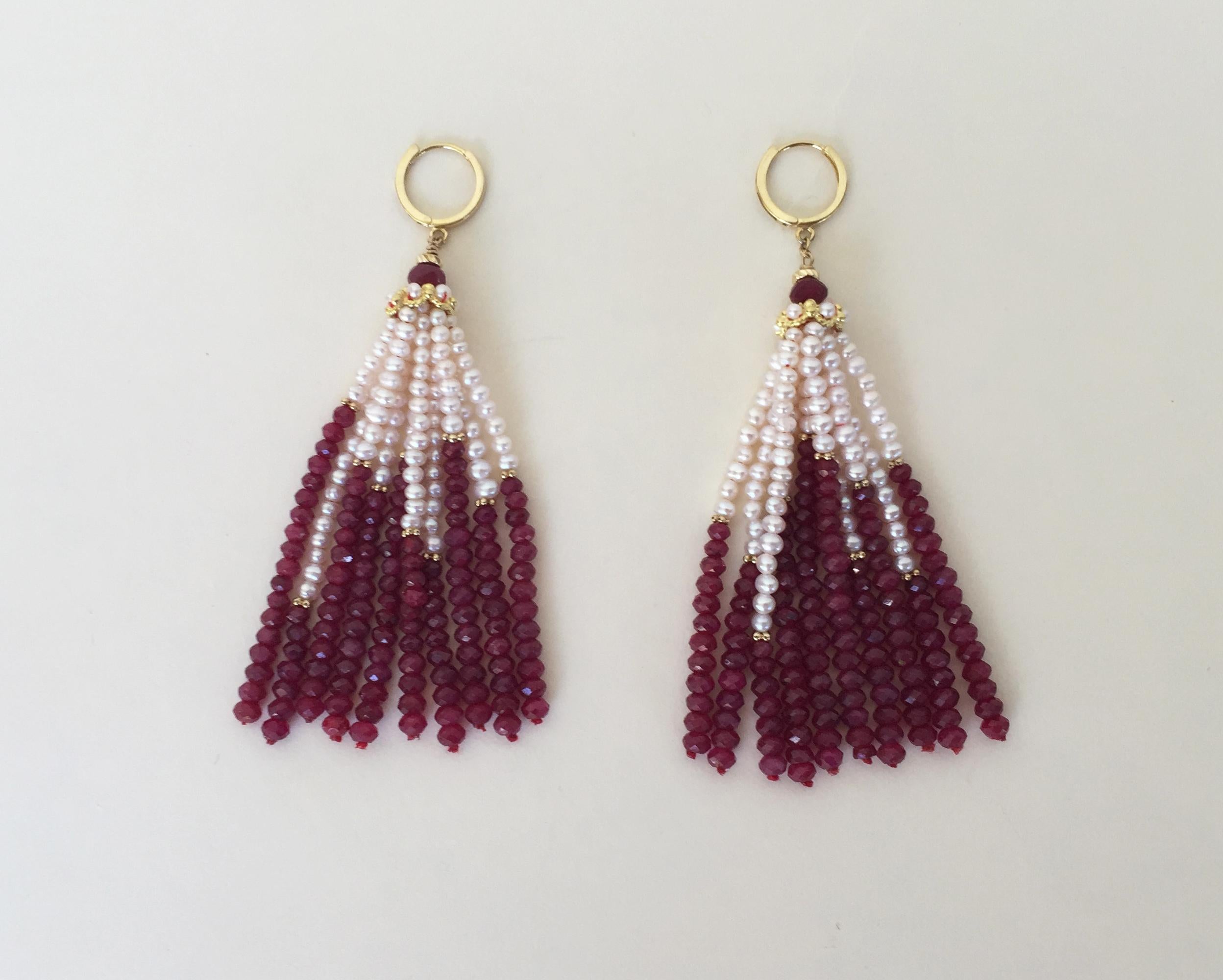 Marina J White Pearl and Ruby Graduated Tassel Earrings with 14 K Yellow Gold  1