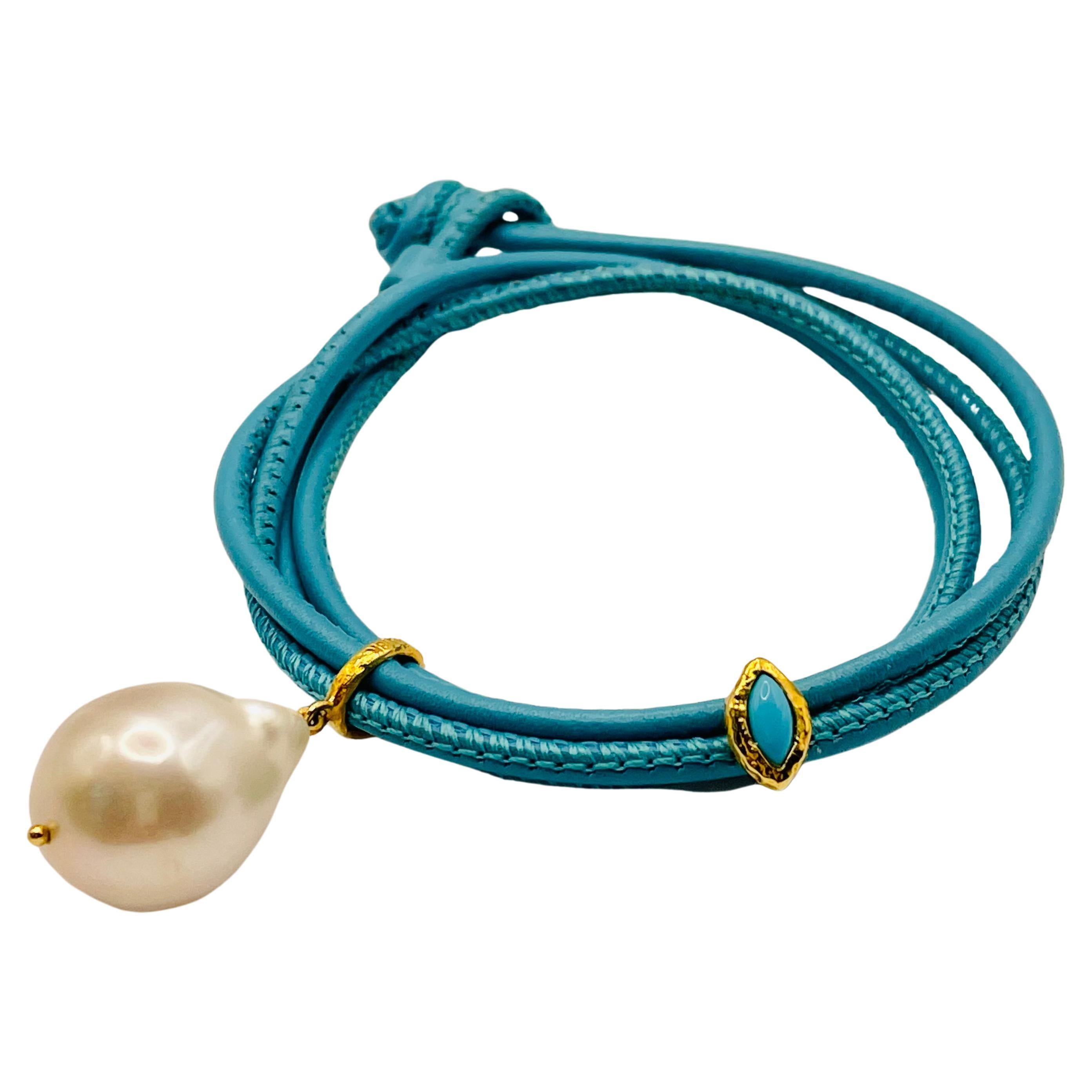 White Pearl and Turquoise Evil Eye Bracelet by Julia Shlovsky