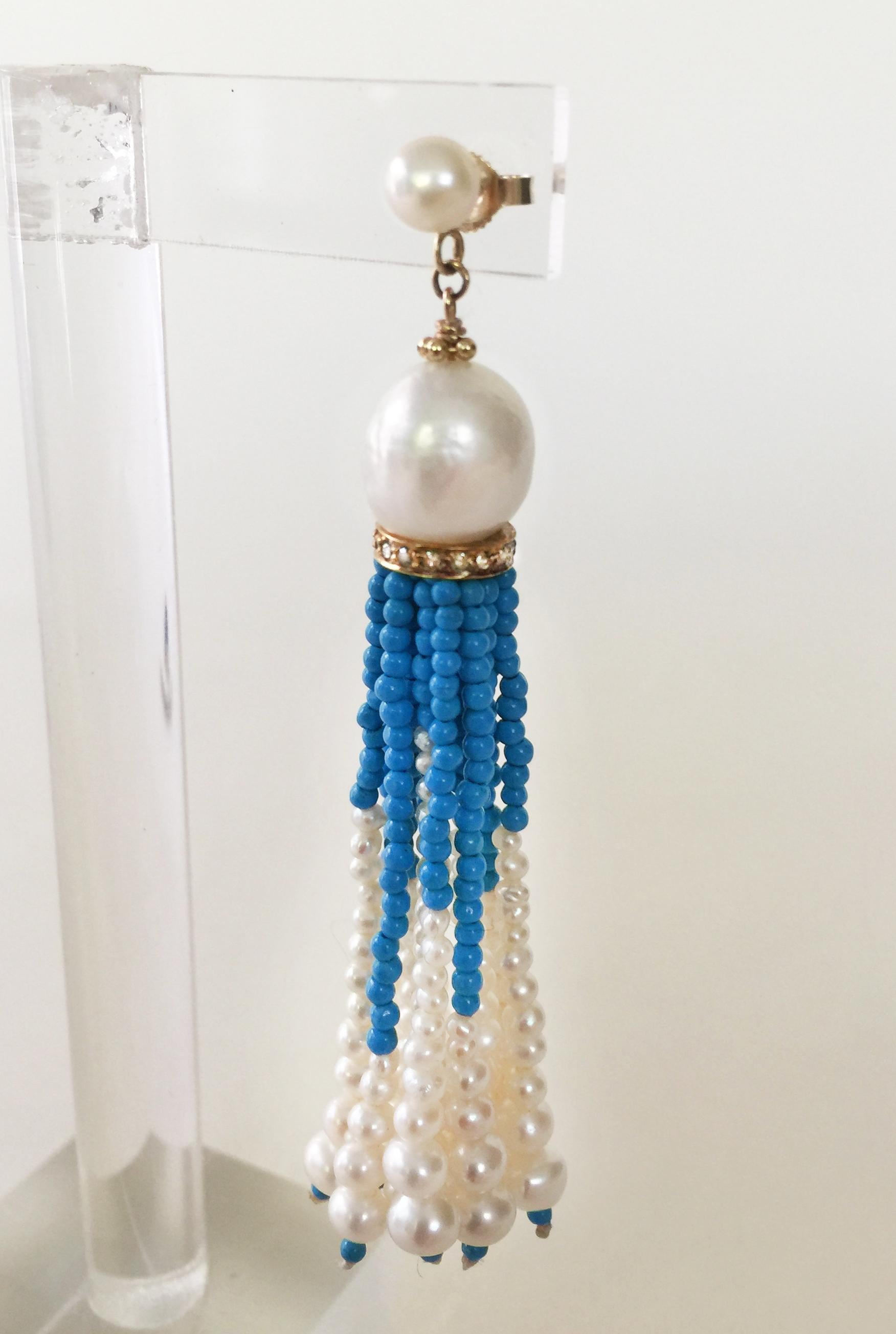 Artist White Pearl and Turquoise Tassel Earrings with Diamond Encrusted Roundels 