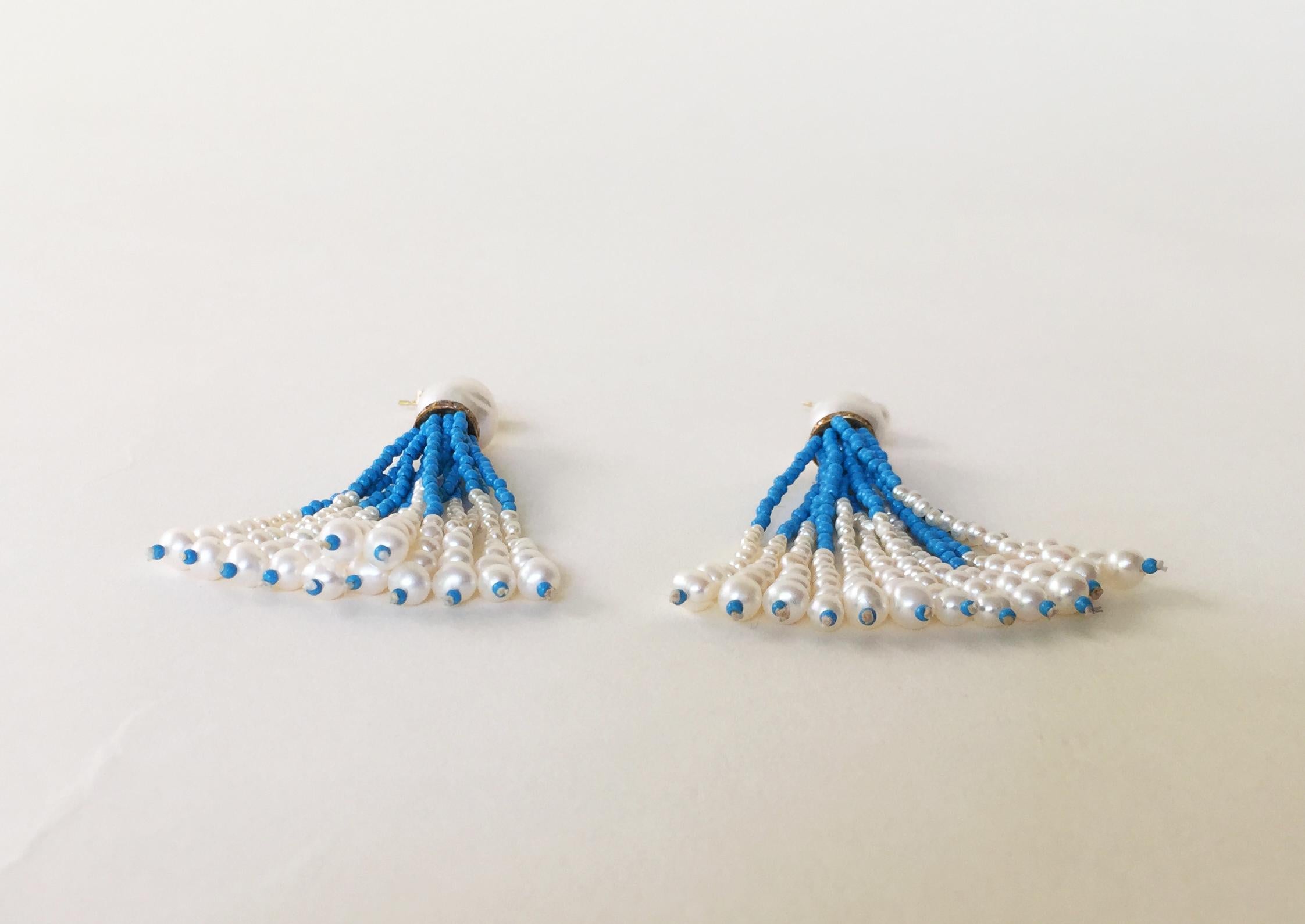 White Pearl and Turquoise Tassel Earrings with Diamond Encrusted Roundels  In New Condition In Los Angeles, CA
