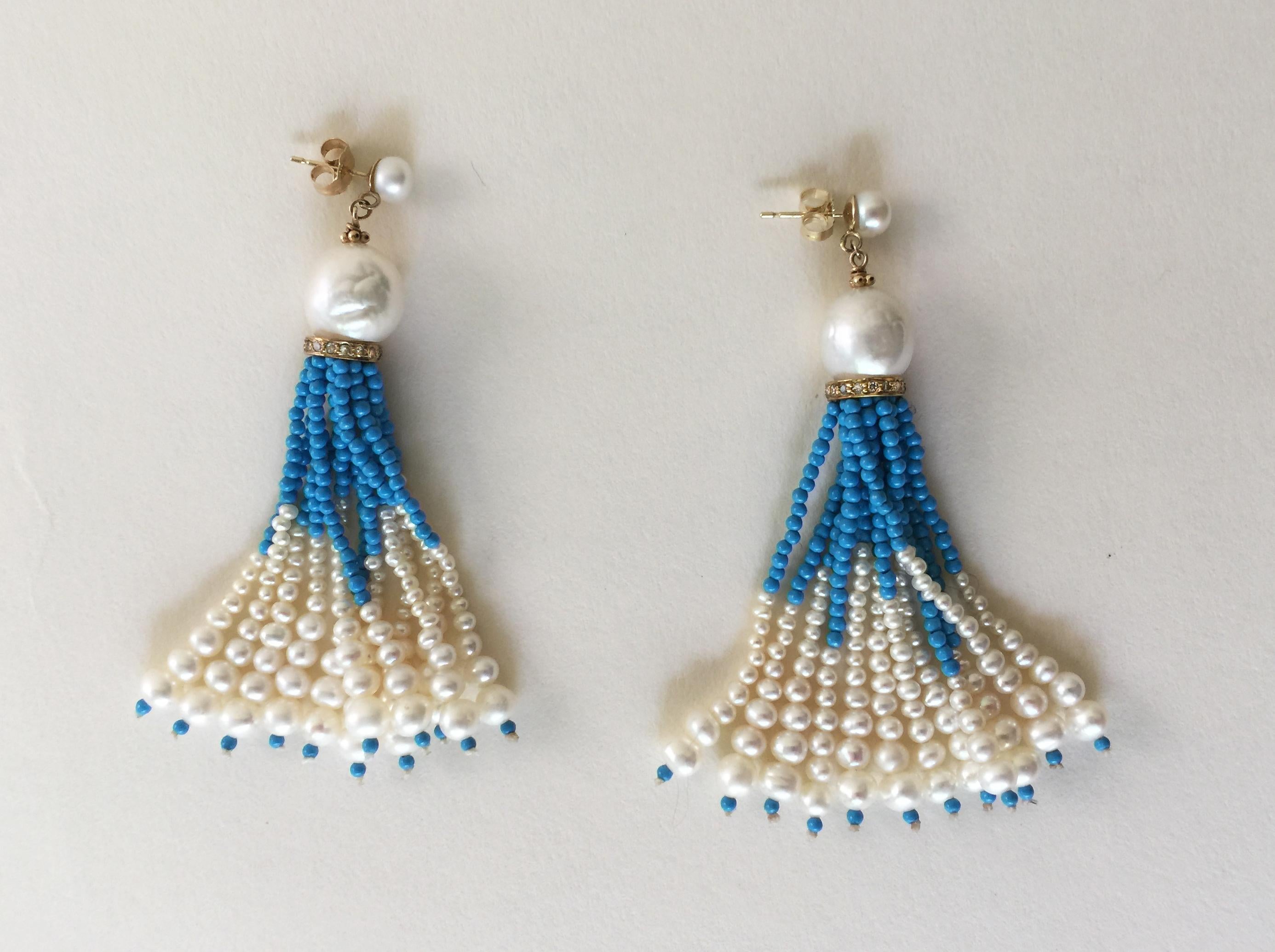 Women's White Pearl and Turquoise Tassel Earrings with Diamond Encrusted Roundels 
