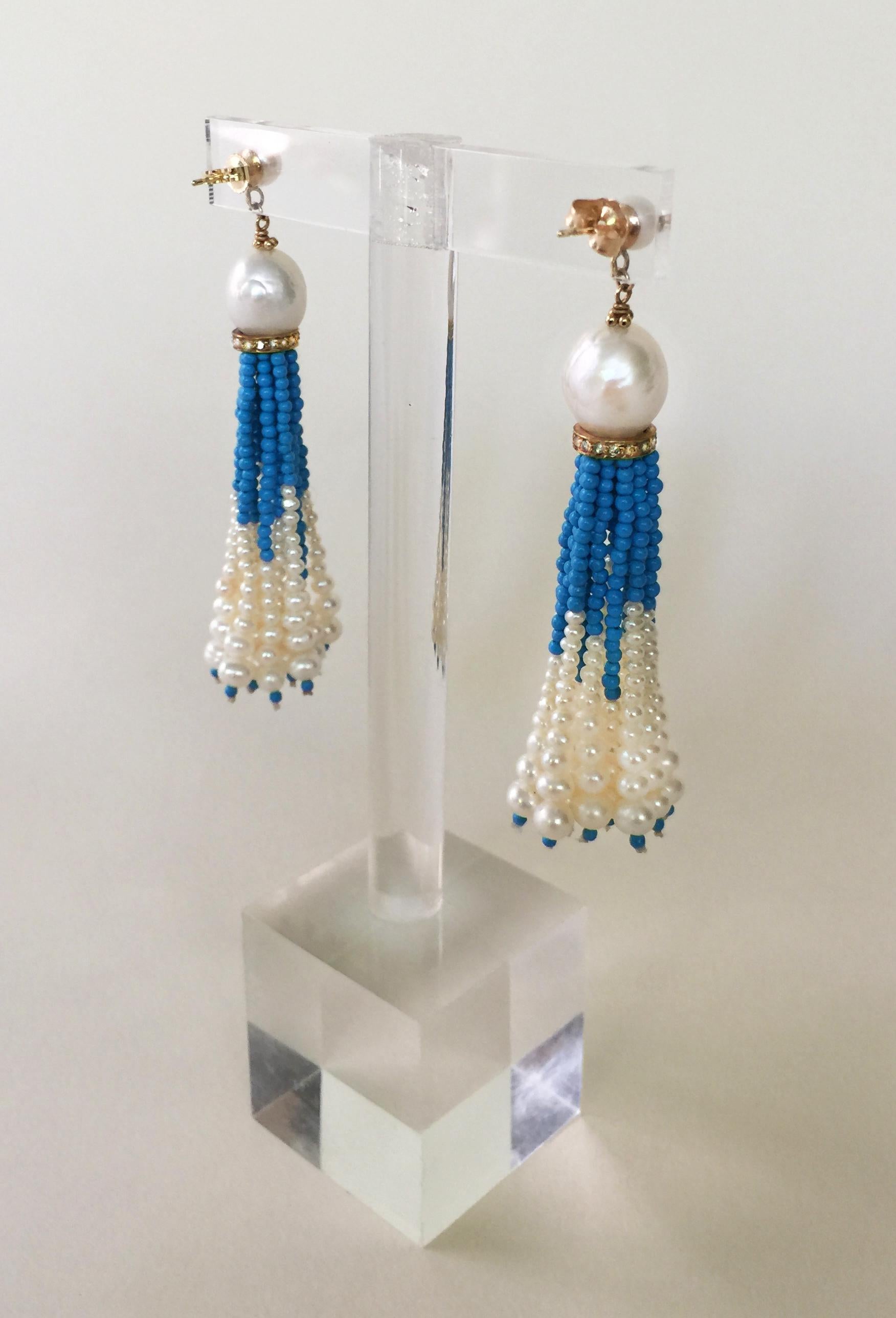 White Pearl and Turquoise Tassel Earrings with Diamond Encrusted Roundels  1