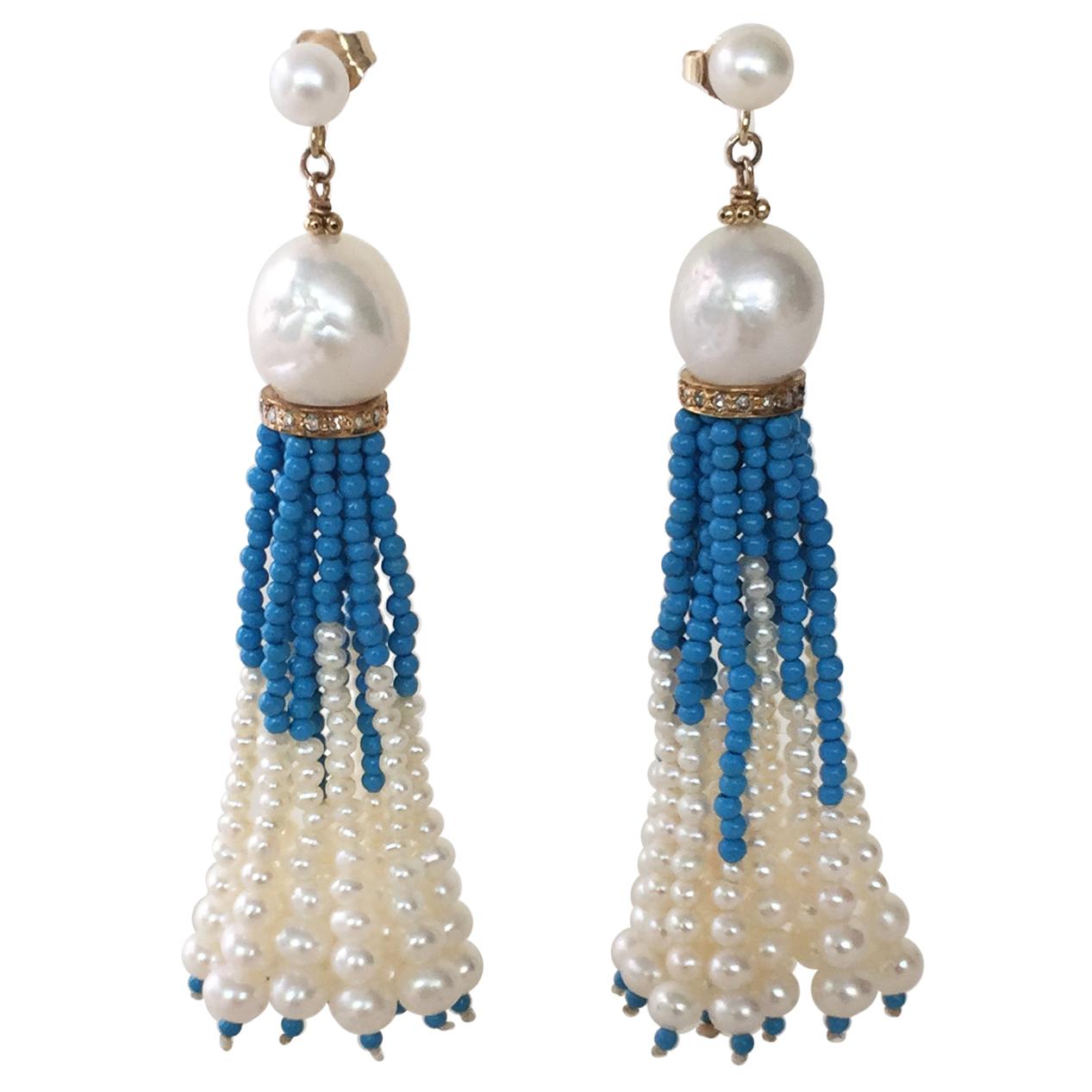 White Pearl and Turquoise Tassel Earrings with Diamond Encrusted Roundels 