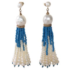 White Pearl and Turquoise Tassel Earrings with Diamond Encrusted Roundels