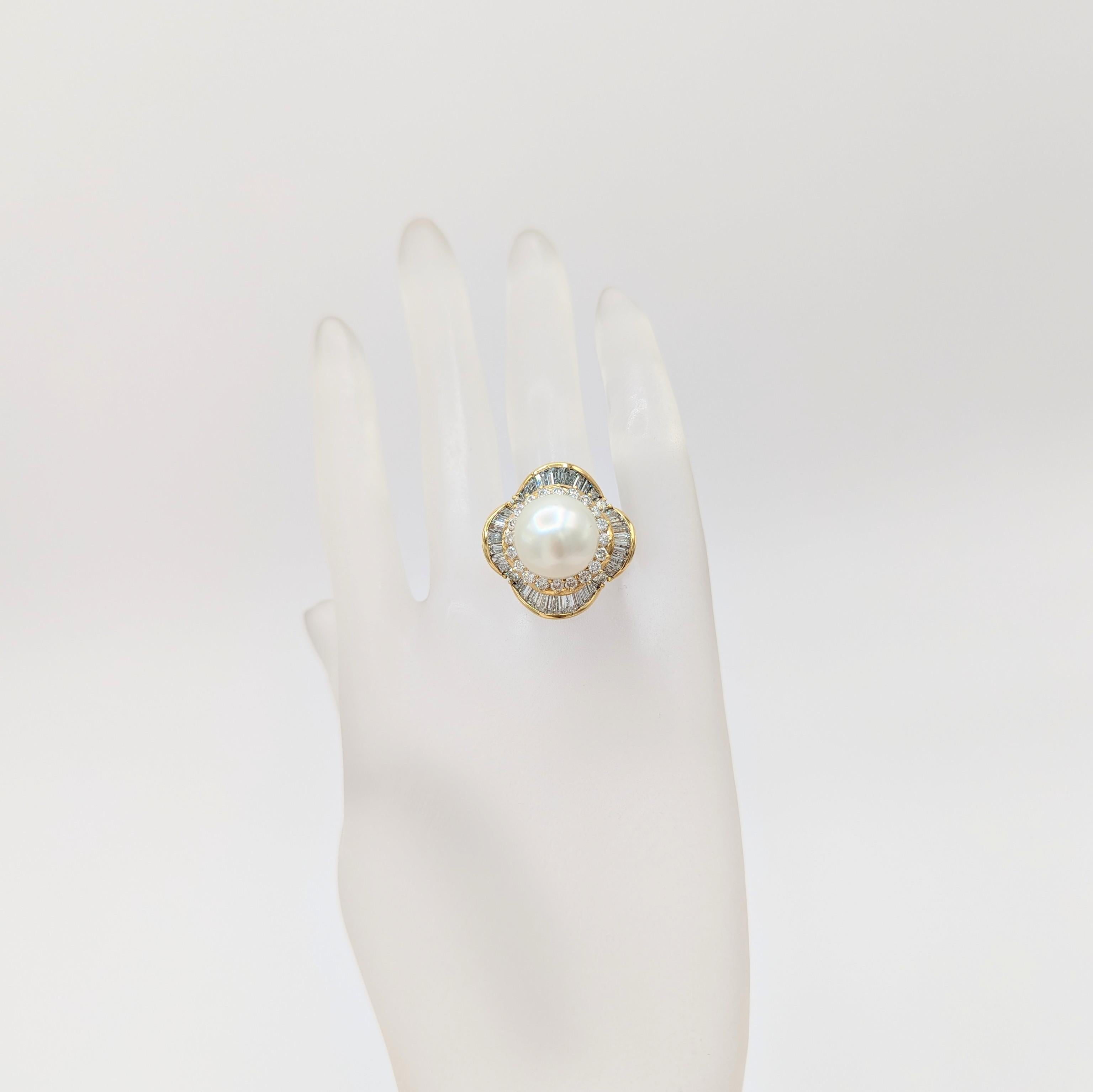 Round Cut White Pearl and White Diamond Cocktail Ring in 18K Yellow Gold