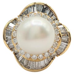 White Pearl and White Diamond Cocktail Ring in 18K Yellow Gold