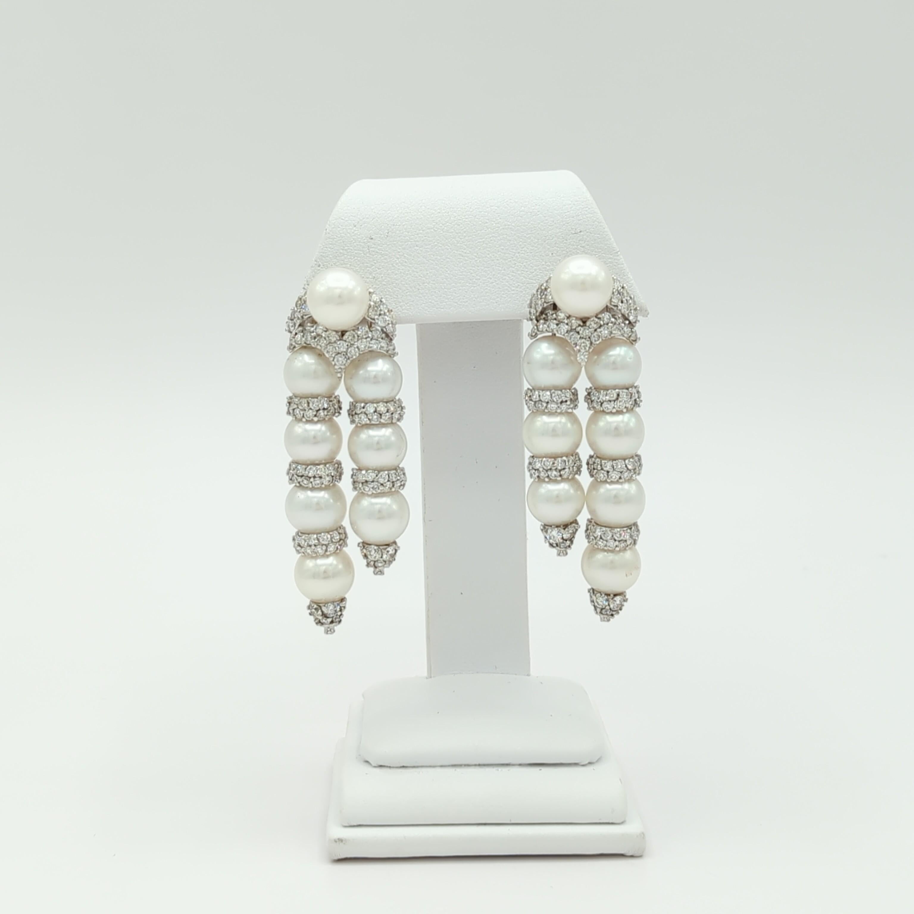 Women's or Men's White Pearl and White Diamond Dangle Earrings in 18K White Gold For Sale