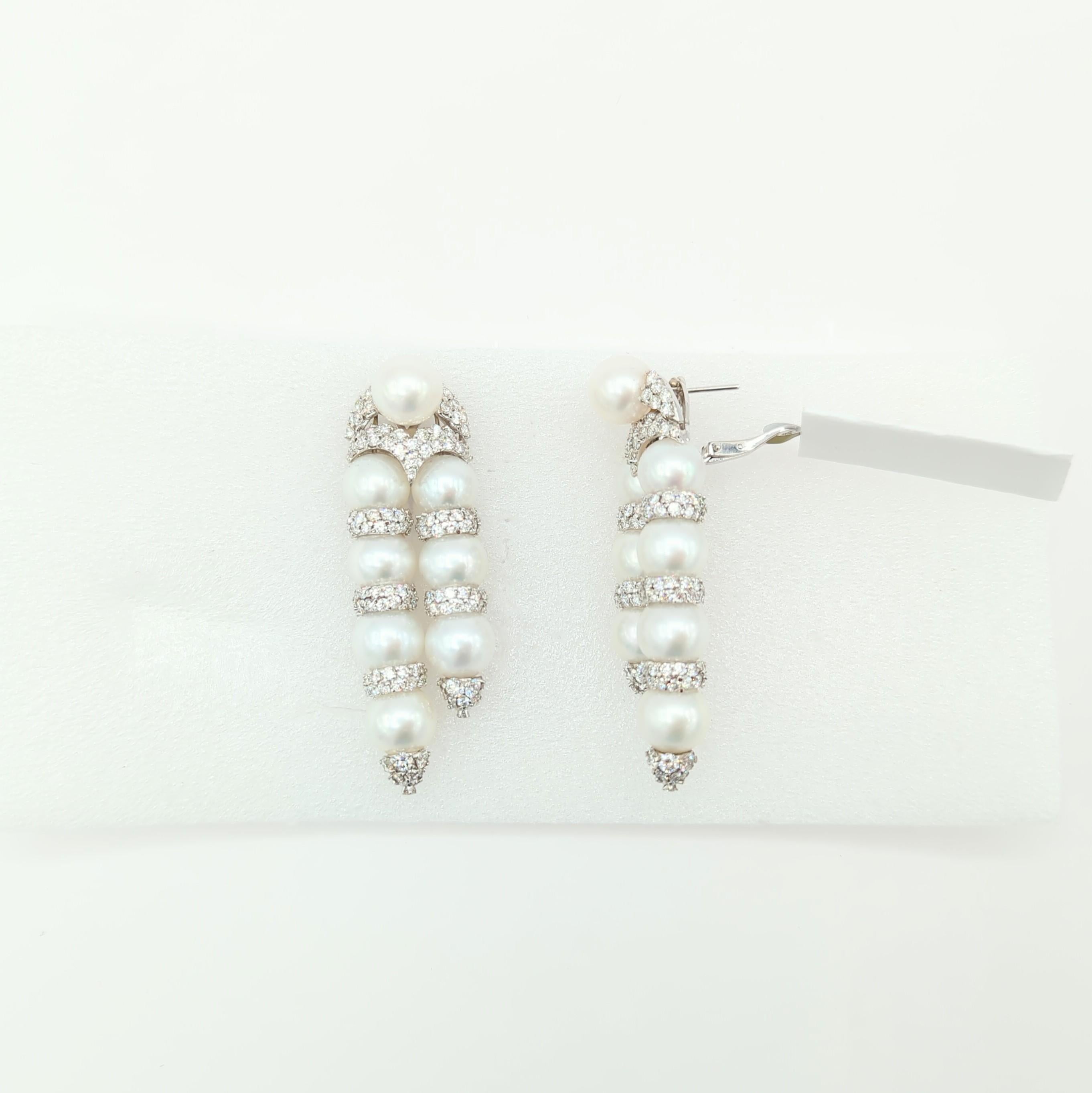 White Pearl and White Diamond Dangle Earrings in 18K White Gold For Sale 1