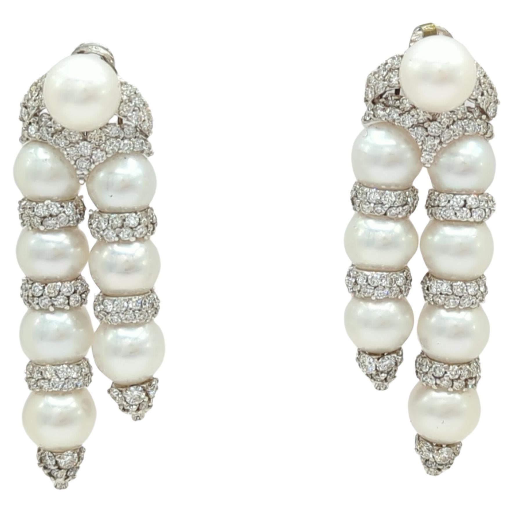 White Pearl and White Diamond Dangle Earrings in 18K White Gold For Sale