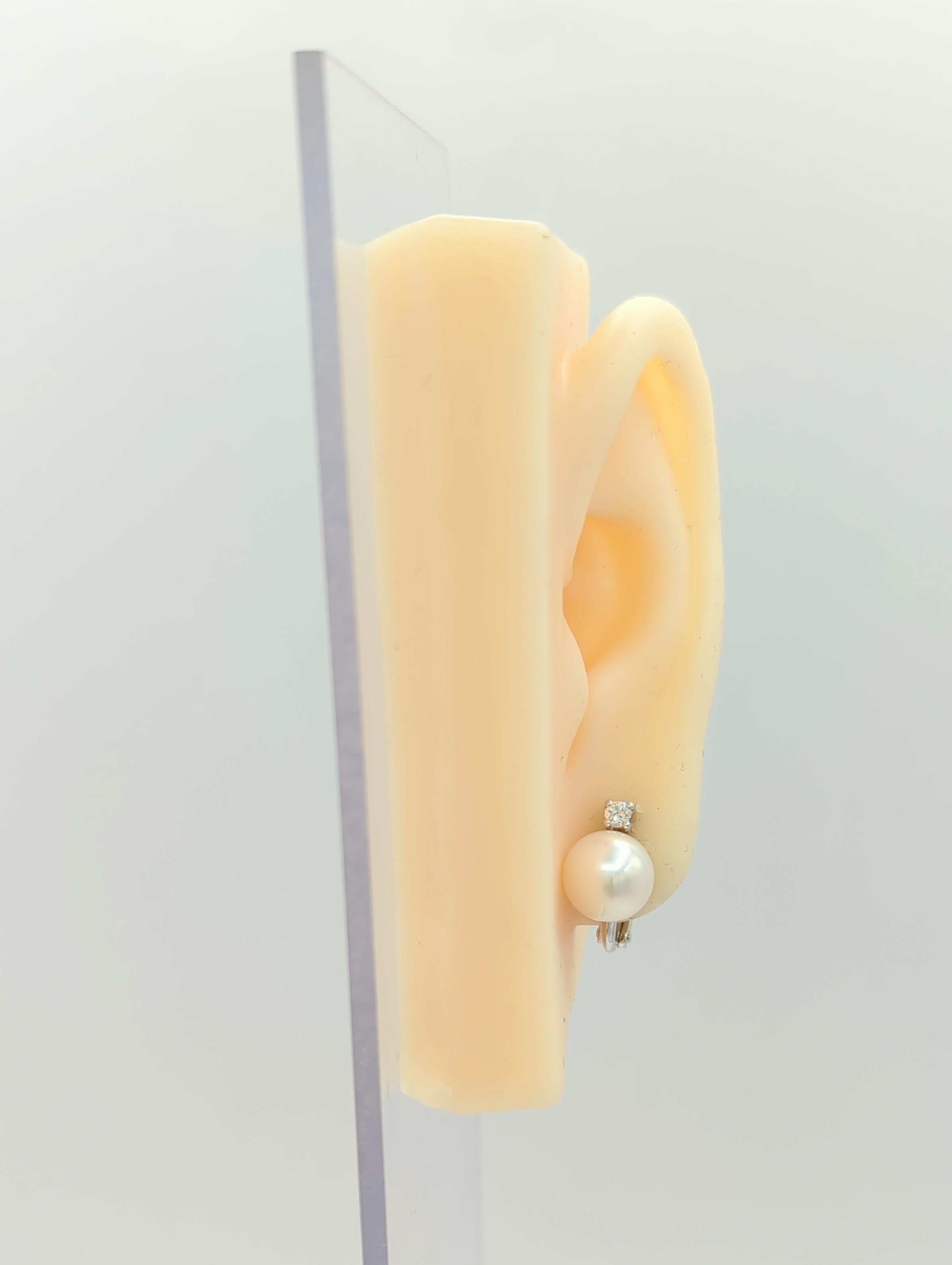 Wunderschöne Ohrringe mit zwei großen, weißen, runden Perlen und 0,15 ct. weißen, hellen, runden Diamanten von guter Qualität.  Handgefertigt aus 18 Karat Weißgold.  Hebelverschluss mit Stift für gepiercte Ohren.