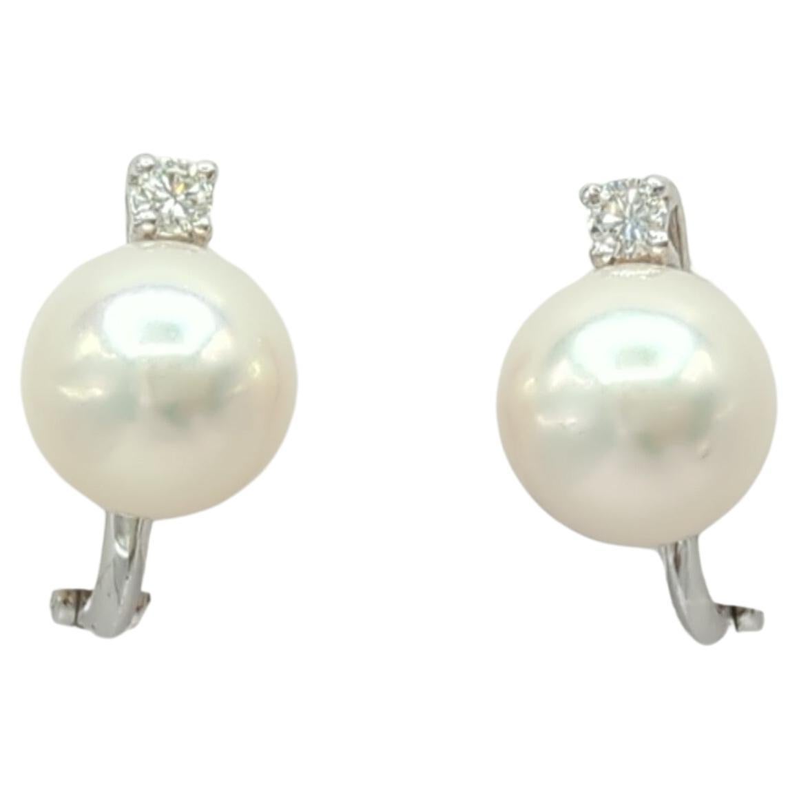 White Pearl and White Diamond Earrings in 18K White Gold For Sale
