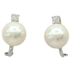 White Pearl and White Diamond Earrings in 18K White Gold