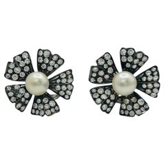 White Pearl and White Diamond Floral Earrings in  Black Rhodium