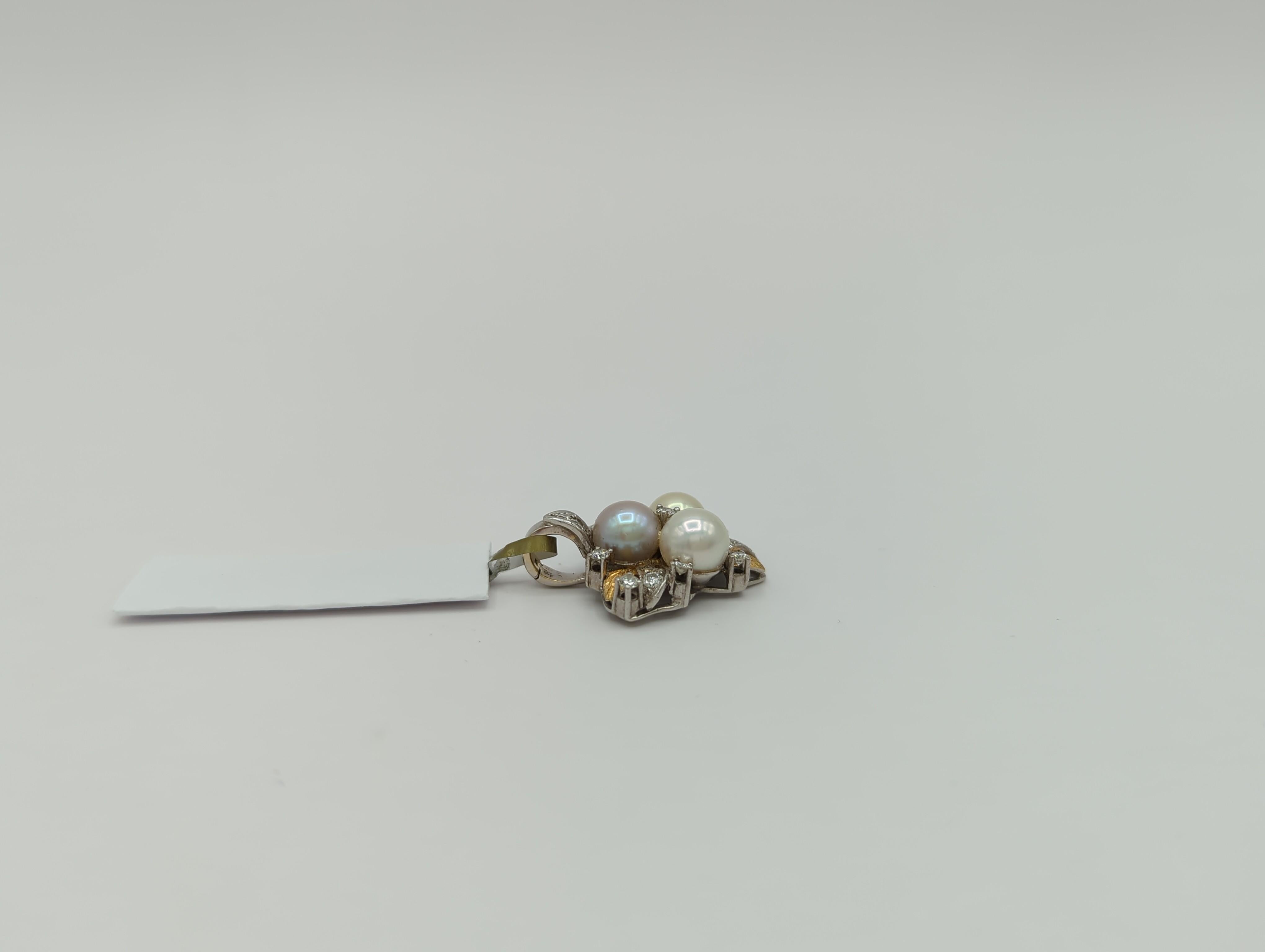 Women's or Men's White Pearl and White Diamond Pendant in 18K 2 Tone Gold For Sale