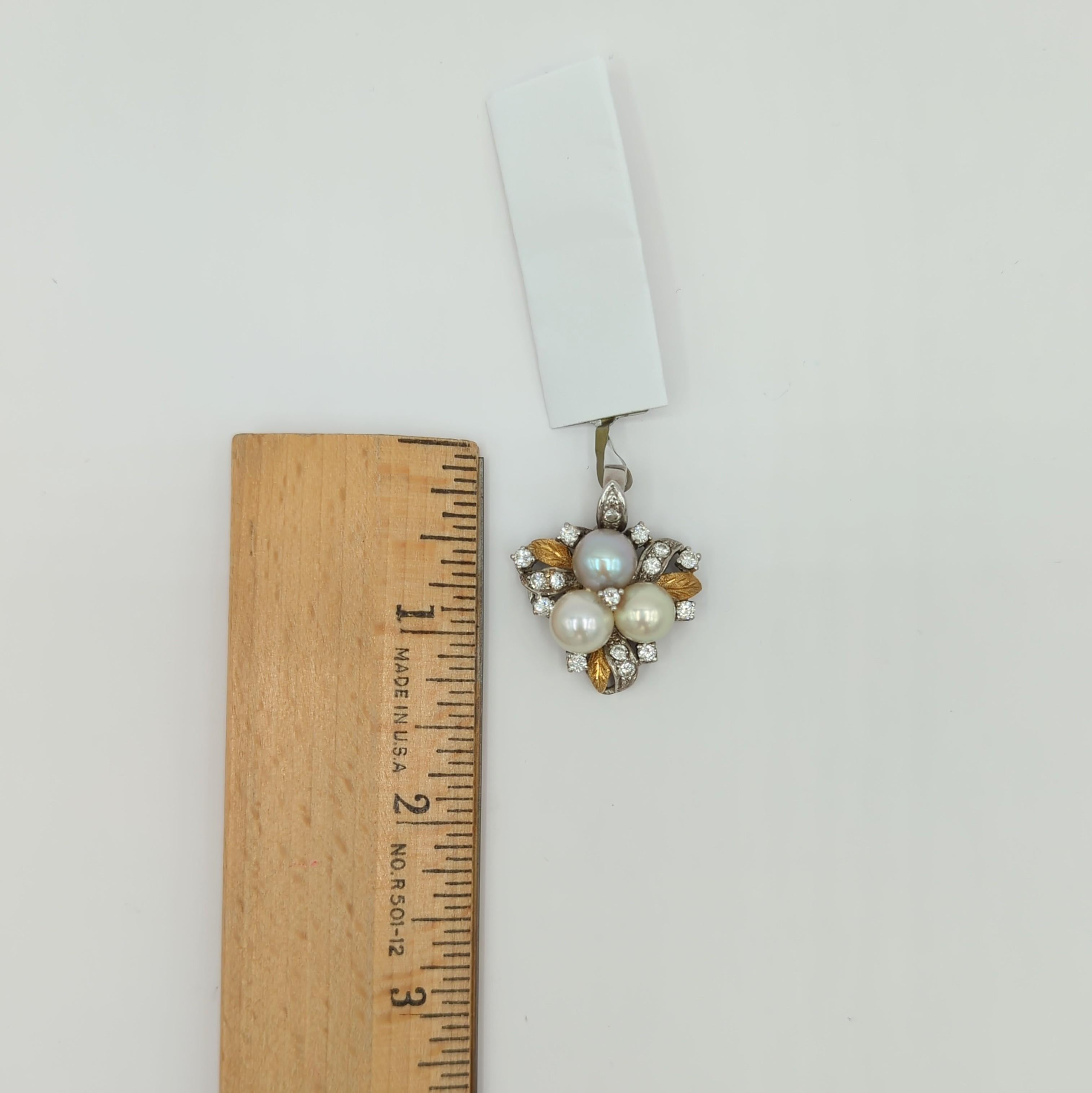 White Pearl and White Diamond Pendant in 18K 2 Tone Gold For Sale 2