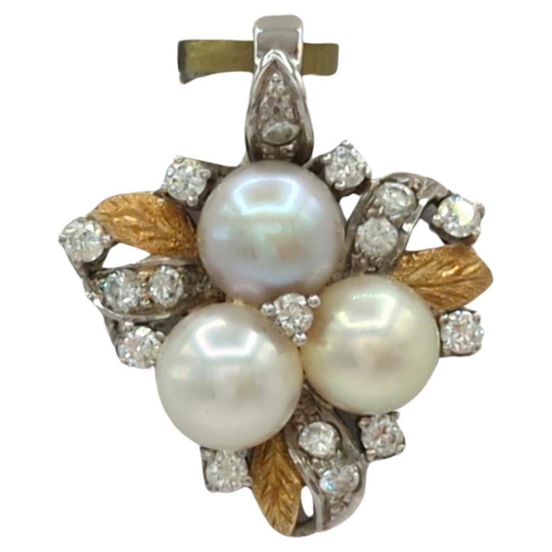 White Pearl and White Diamond Pendant in 18K 2 Tone Gold For Sale