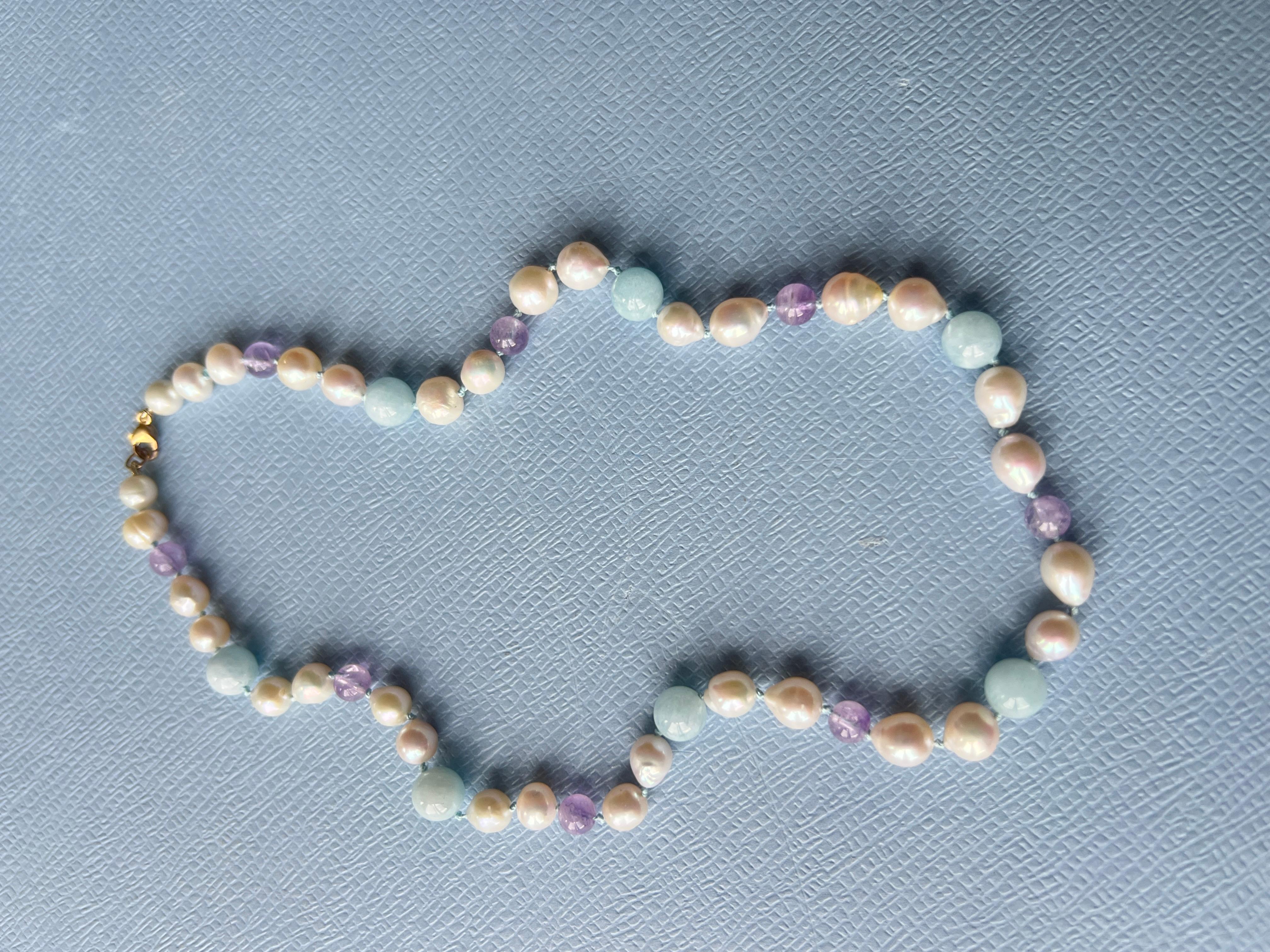White Pearl, Light Blue Aquamarine, Lilac Amethyst Short or Choker  Bead Necklace
Gold Filled Clasp

Designer: J DAUPHIN 

Made in Los Angeles

Available for immediate delivery 