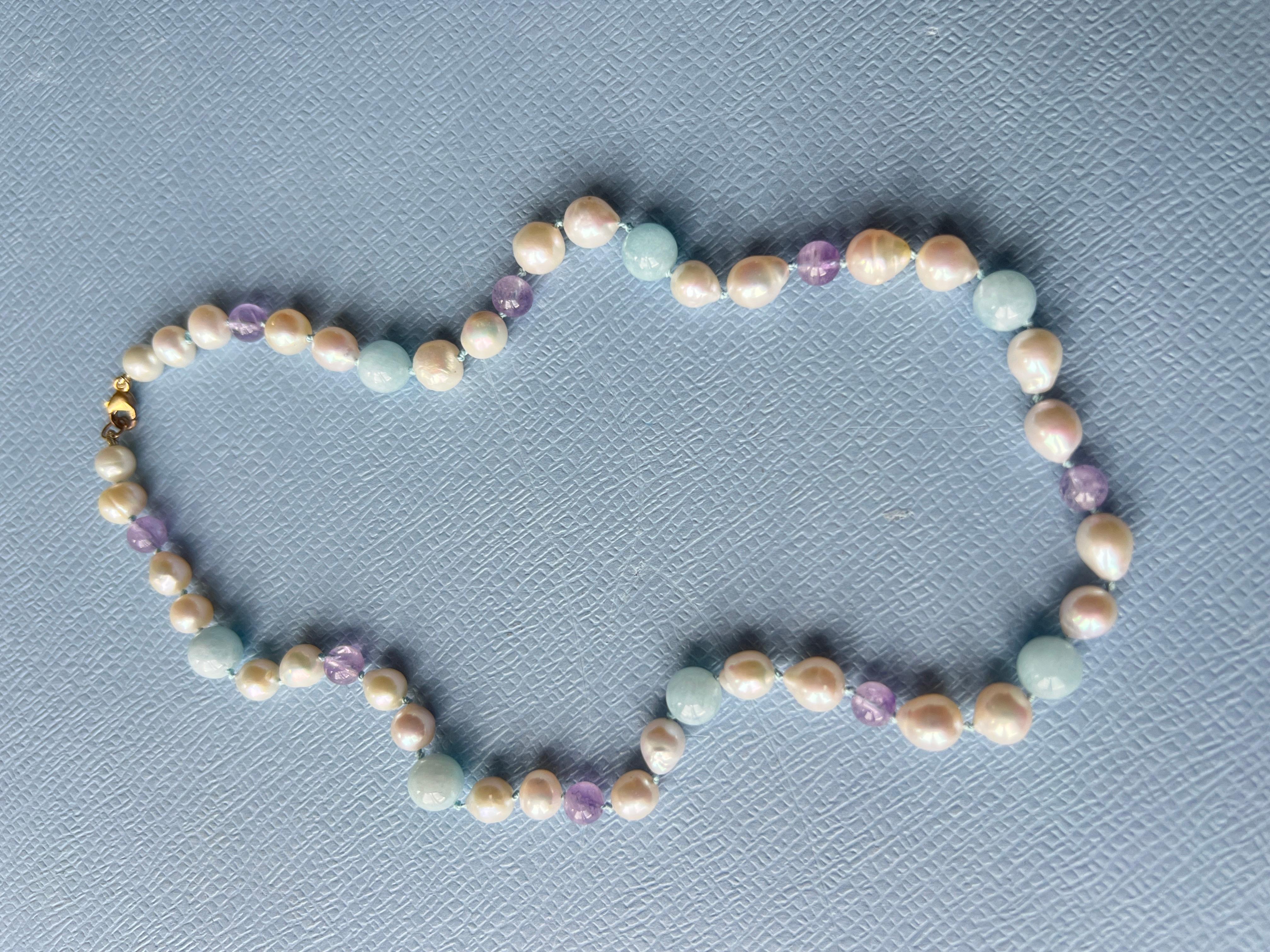 Art Nouveau White Pearl Aquamarine Amethyst Choker  Bead Necklace For Sale