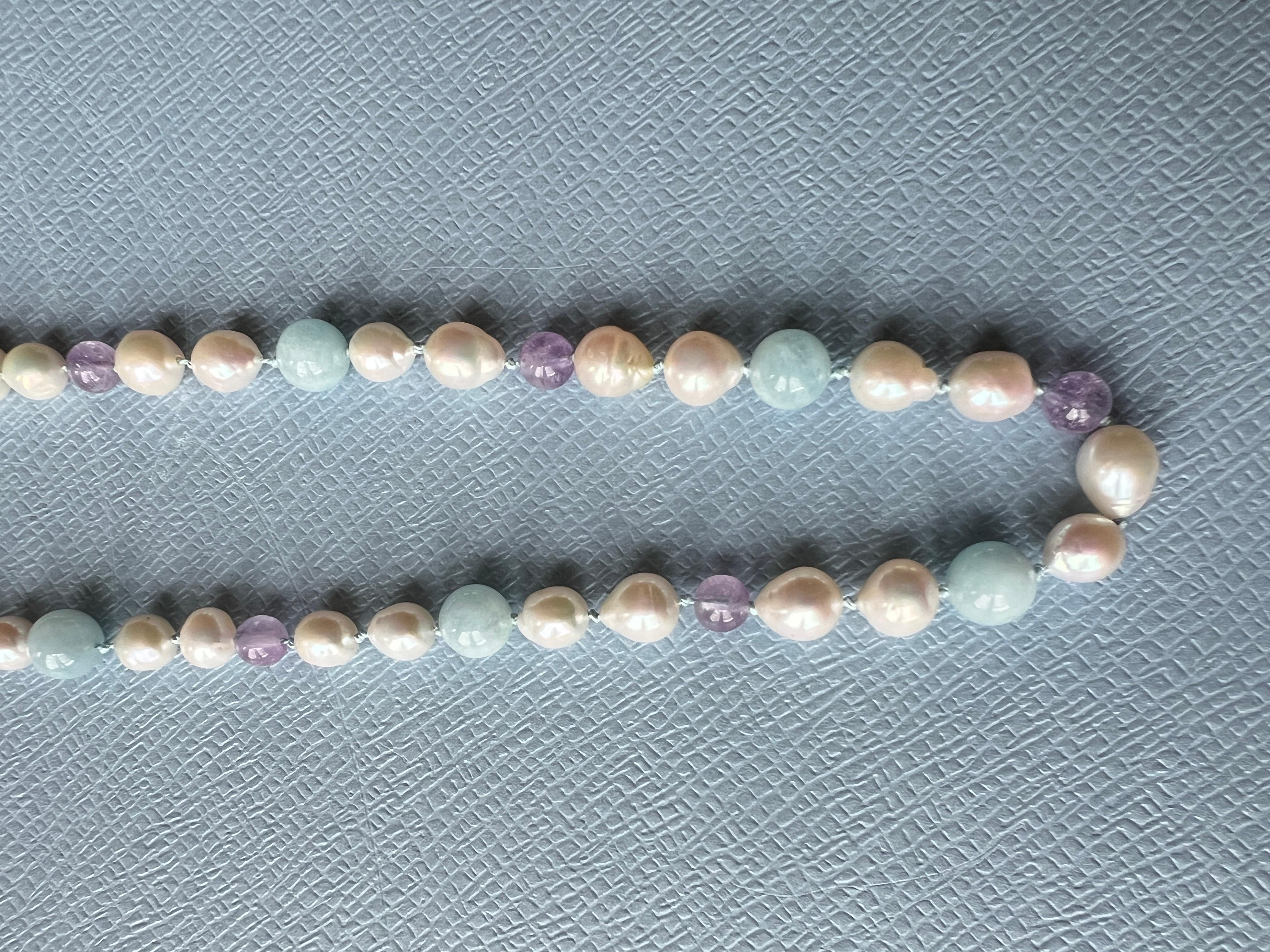 White Pearl Aquamarine Amethyst Choker  Bead Necklace For Sale 3