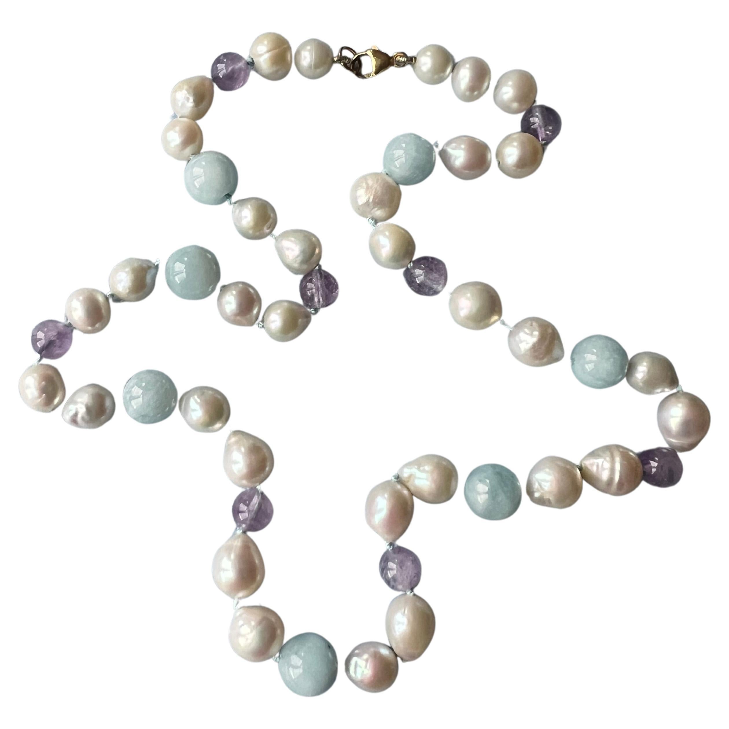 White Pearl Aquamarine Amethyst Choker  Bead Necklace