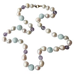 White Pearl Aquamarine Amethyst Choker  Bead Necklace