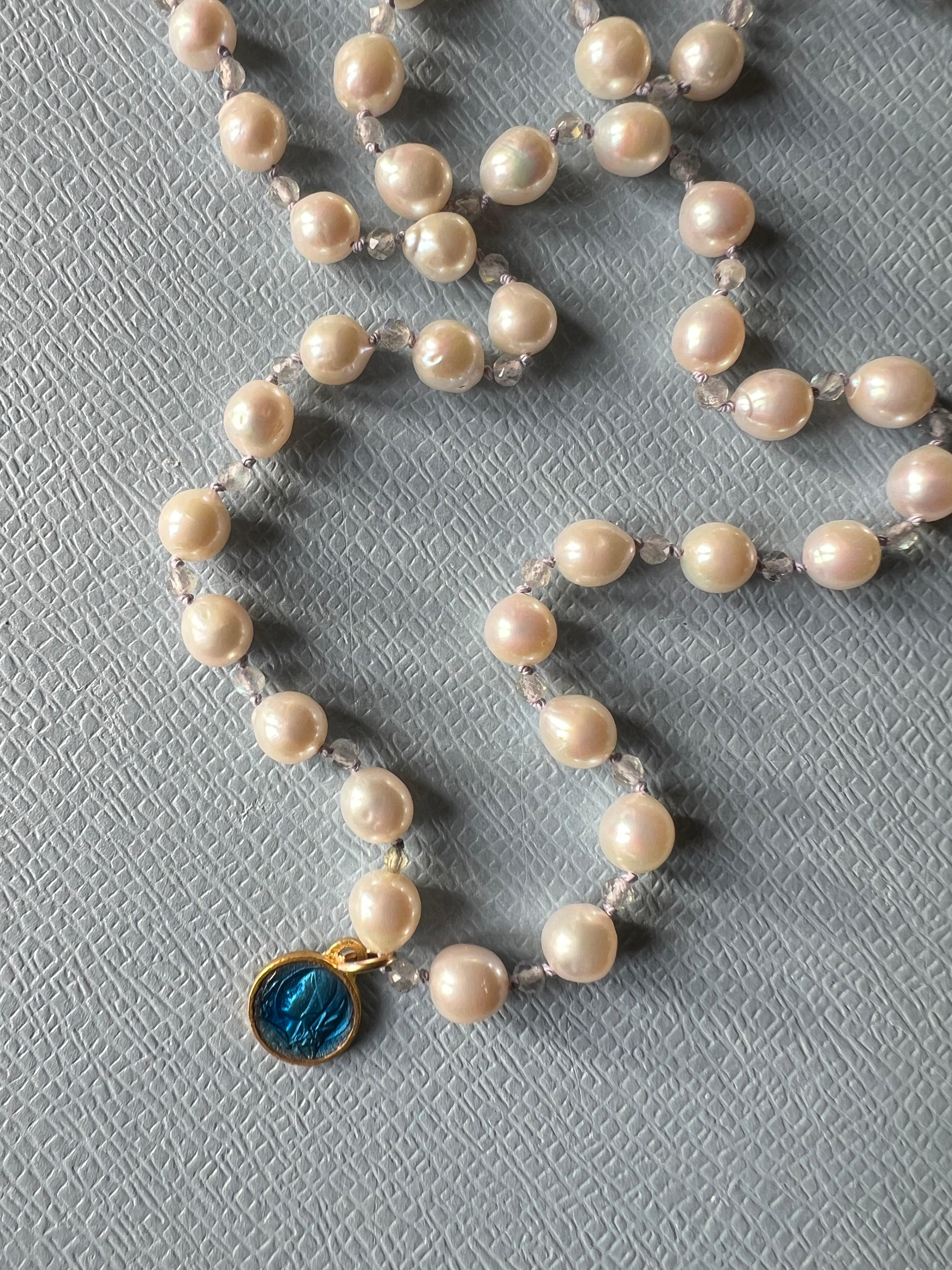 Round Cut White Pearl Blue Enamel Virgn Marie Necklace Labradorite For Sale