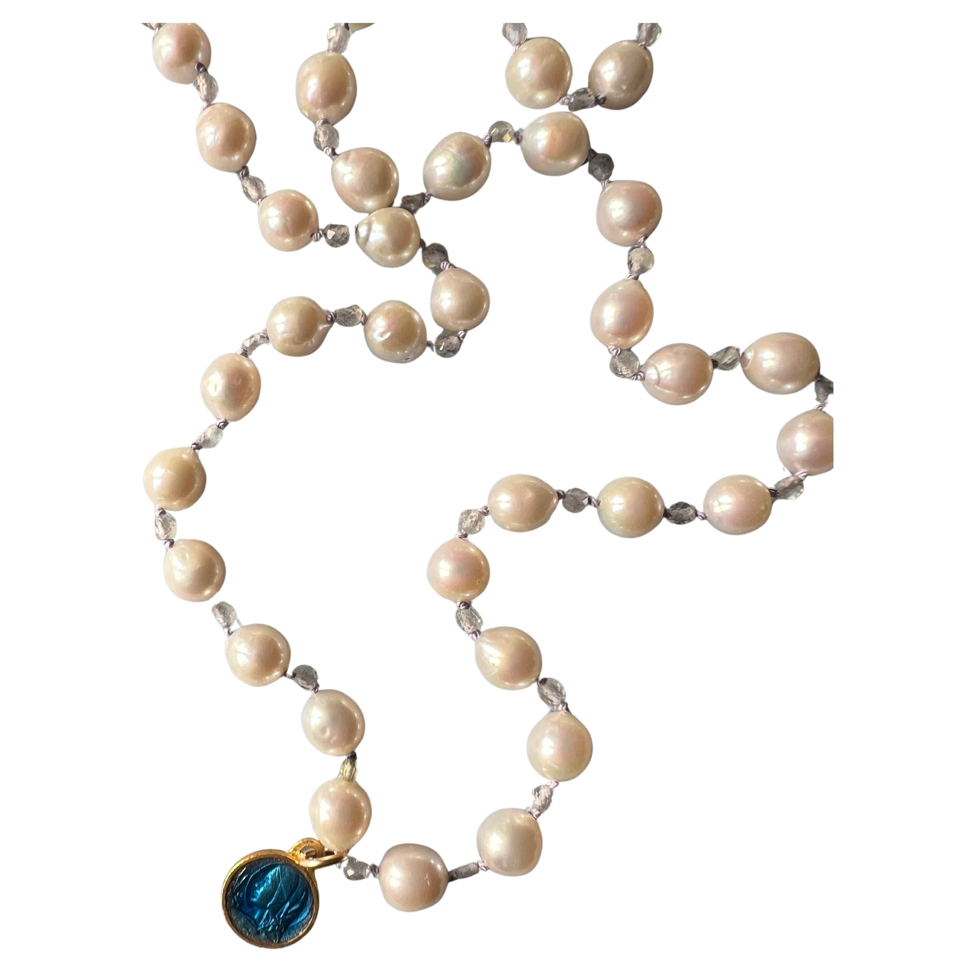 White Pearl Blue Enamel Virgn Marie Necklace Labradorite