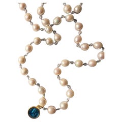 White Pearl Blue Enamel Virgn Marie Necklace Labradorite