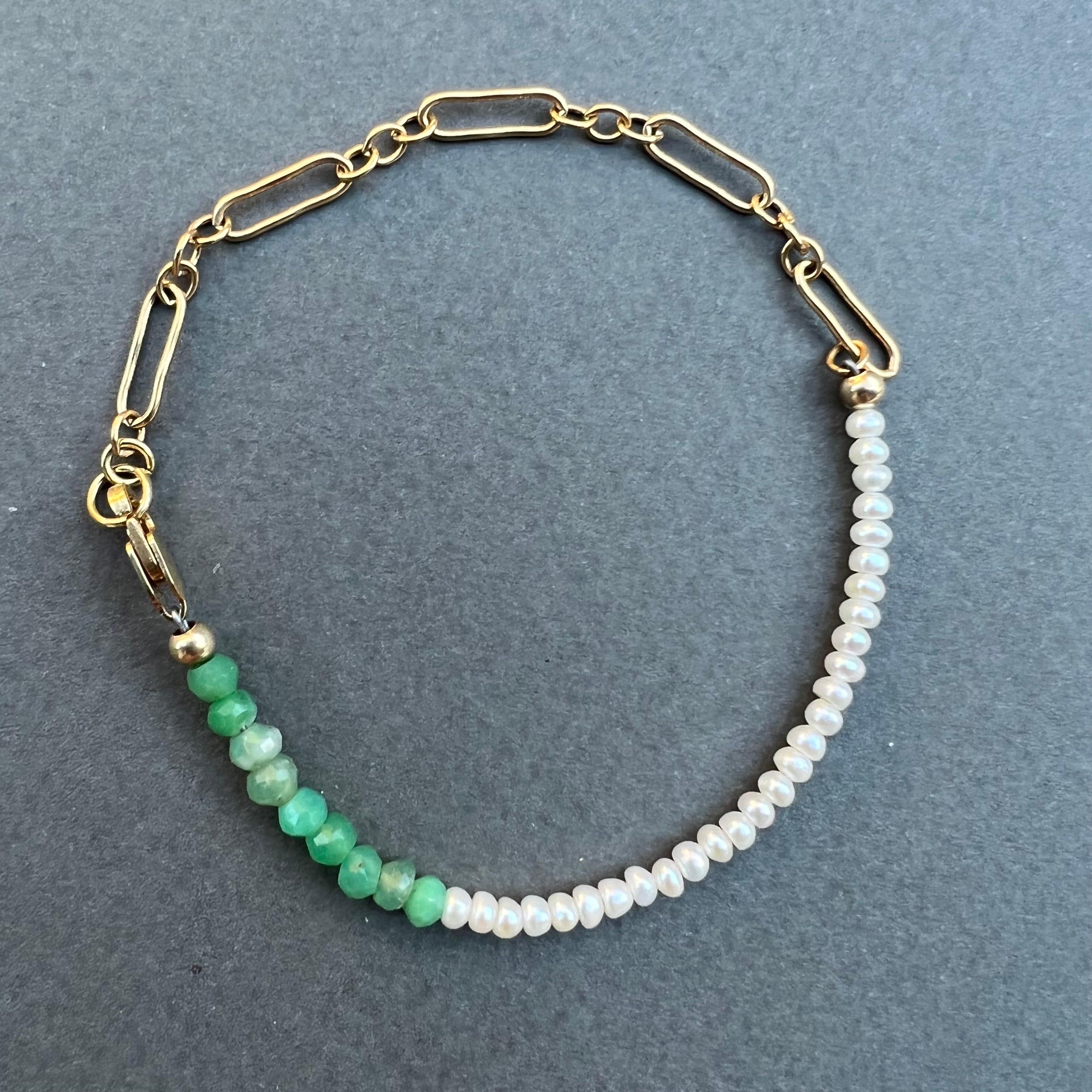 White Pearl Chain Bracelet Green Chrysoprase Gold Filled  J Dauphin For Sale 5