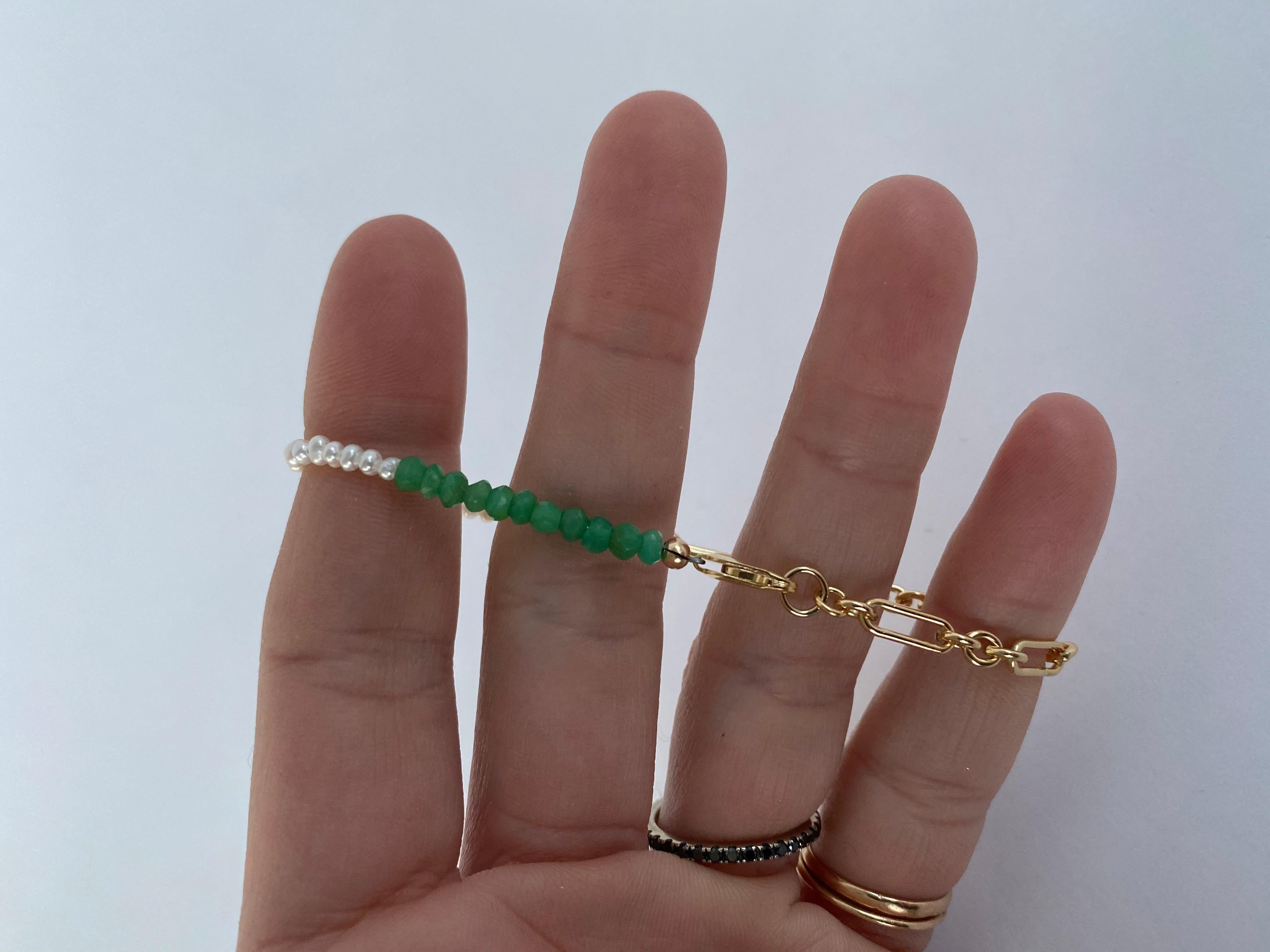 Romantic White Pearl Chain Bracelet Green Chrysoprase Gold Filled J Dauphin For Sale