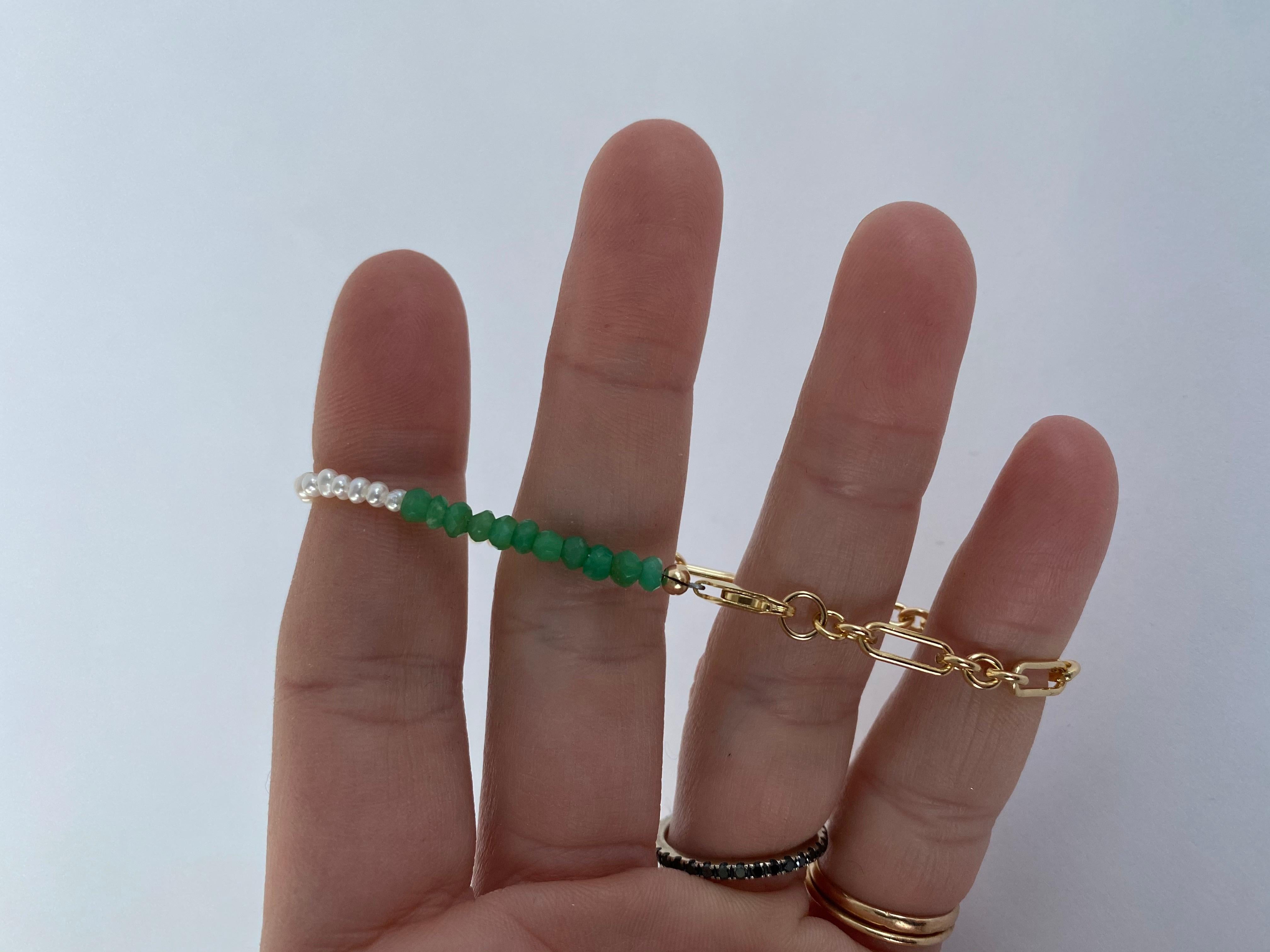Romantic White Pearl Chain Bracelet Green Chrysoprase Gold Filled J Dauphin For Sale