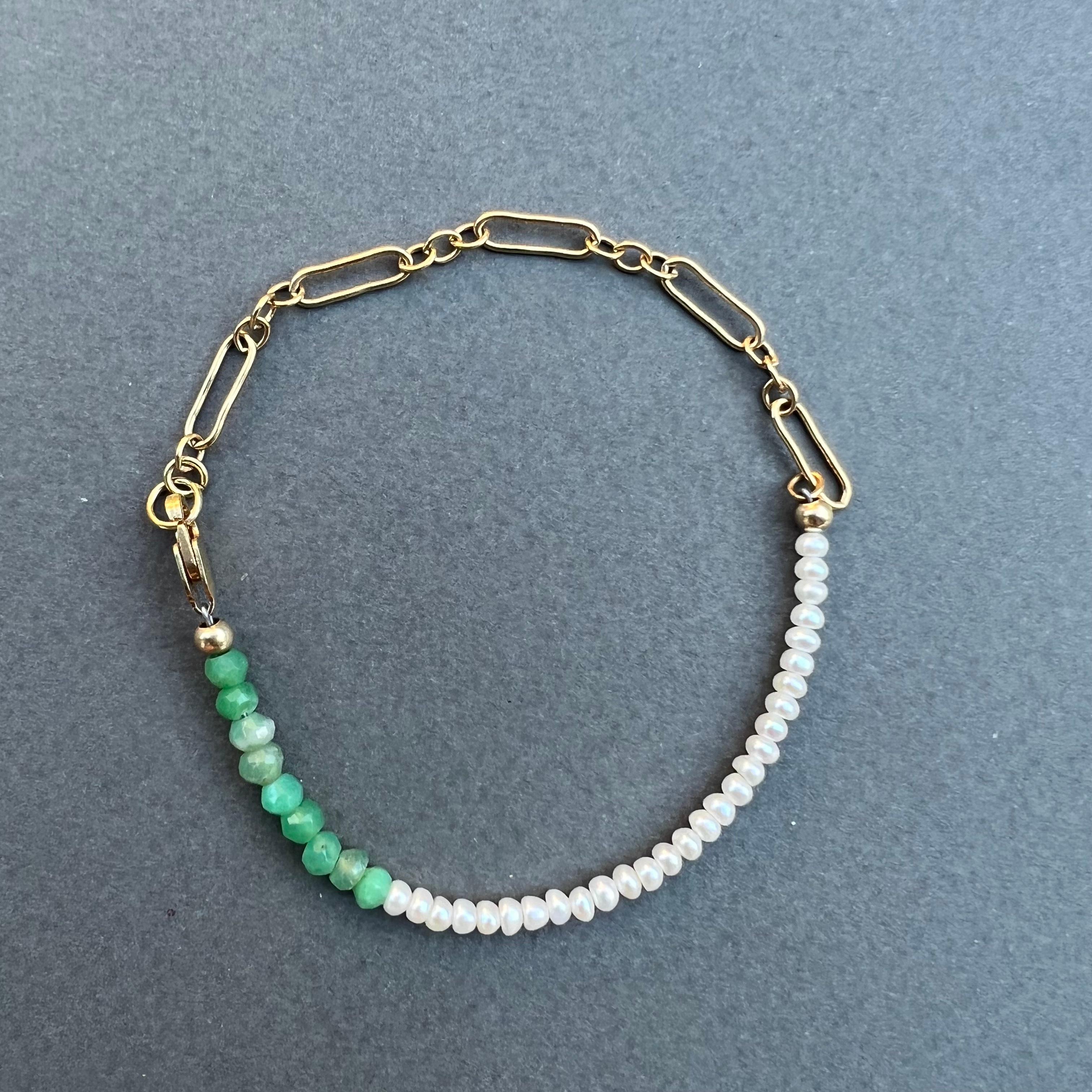 Women's White Pearl Chain Bracelet Green Chrysoprase Gold Filled J Dauphin For Sale