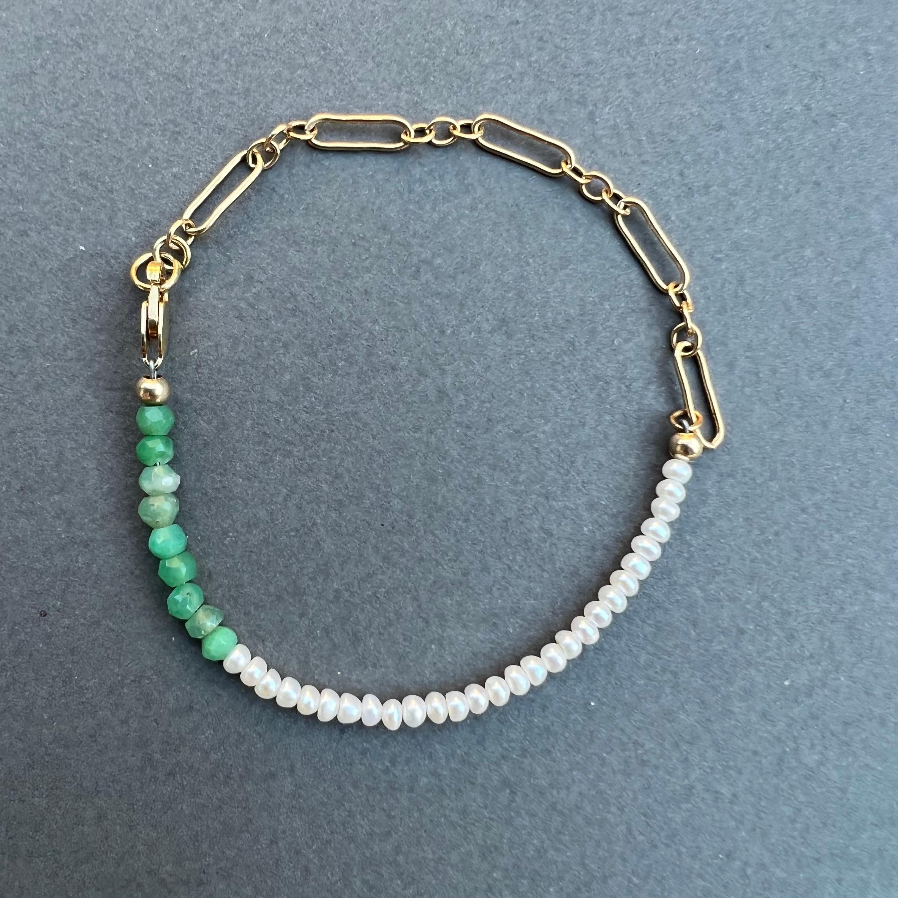 Women's White Pearl Chain Bracelet Green Chrysoprase Gold Filled J Dauphin For Sale
