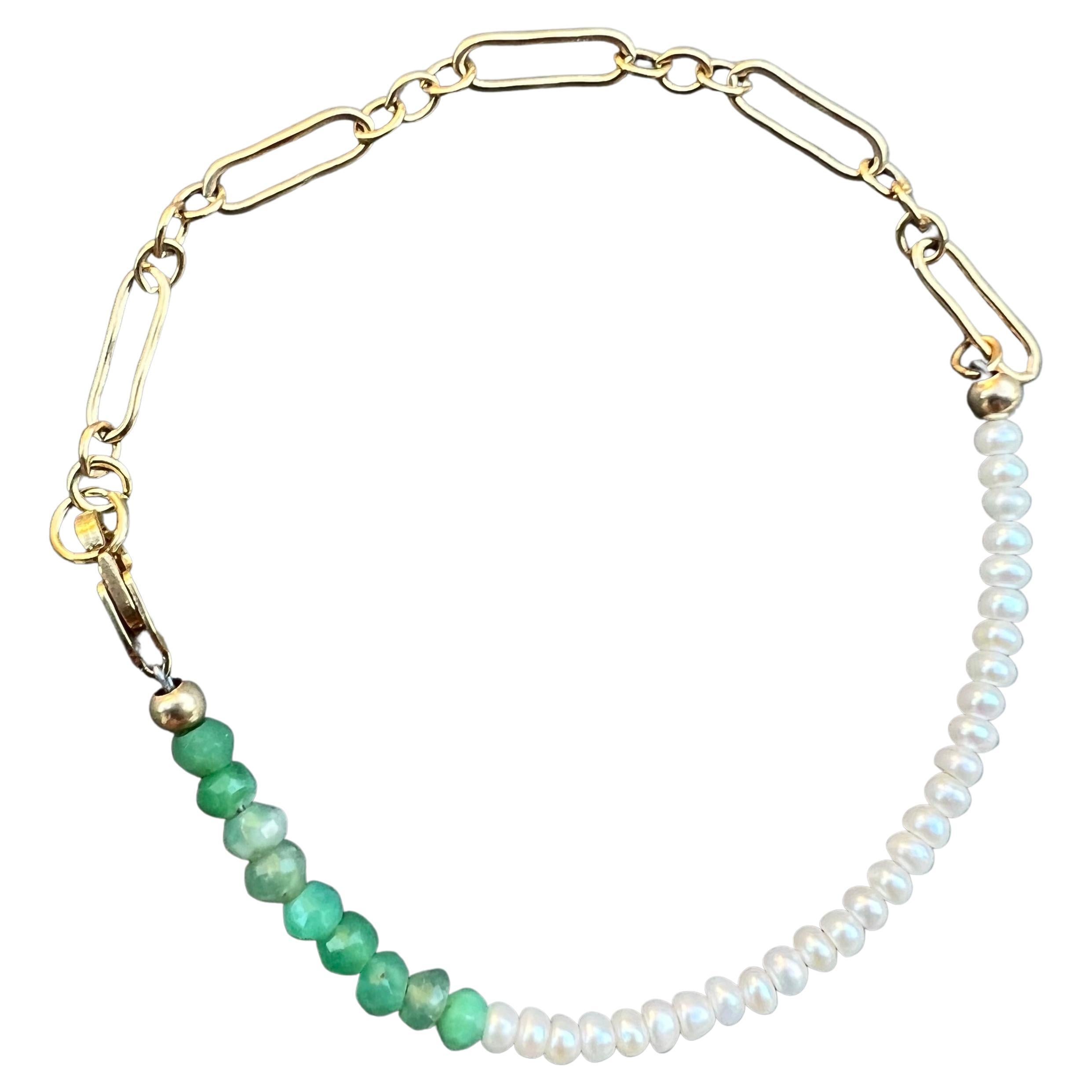 White Pearl Chain Bracelet Green Chrysoprase Gold Filled J Dauphin For Sale