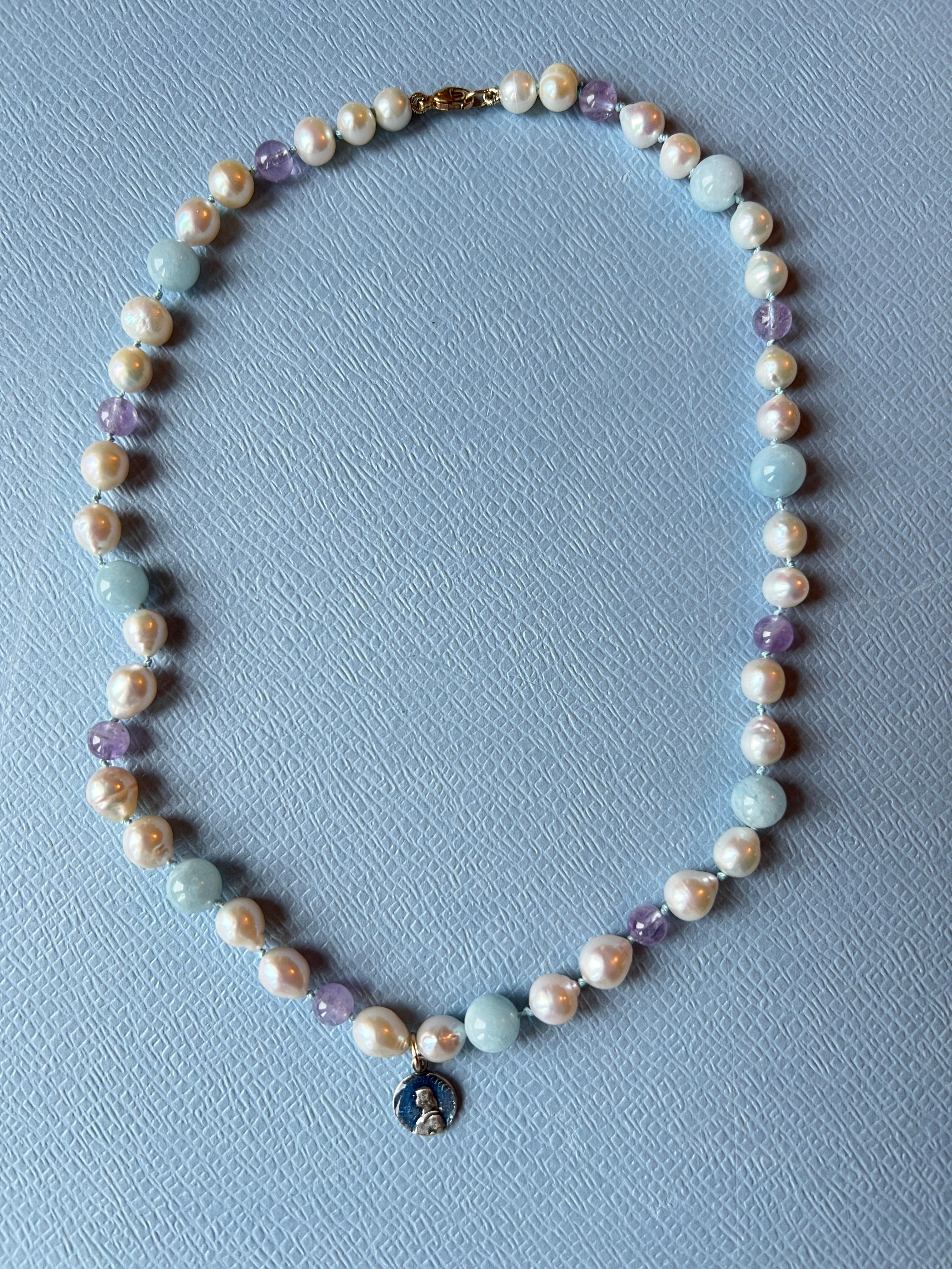 White Pearl Aquamarine Amhetyst Necklace Choker Joan of Arc For Sale 4