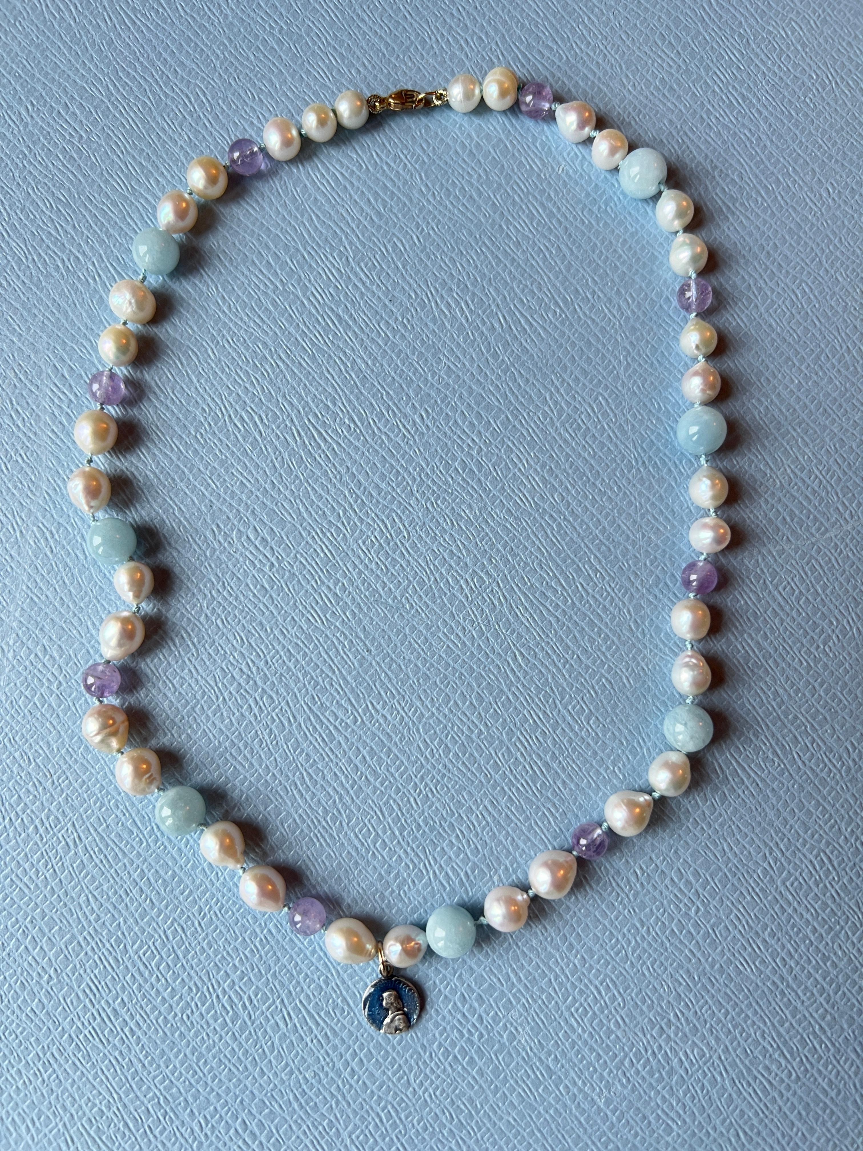 White Pearl Aquamarine Amhetyst Necklace Choker Joan of Arc For Sale 5
