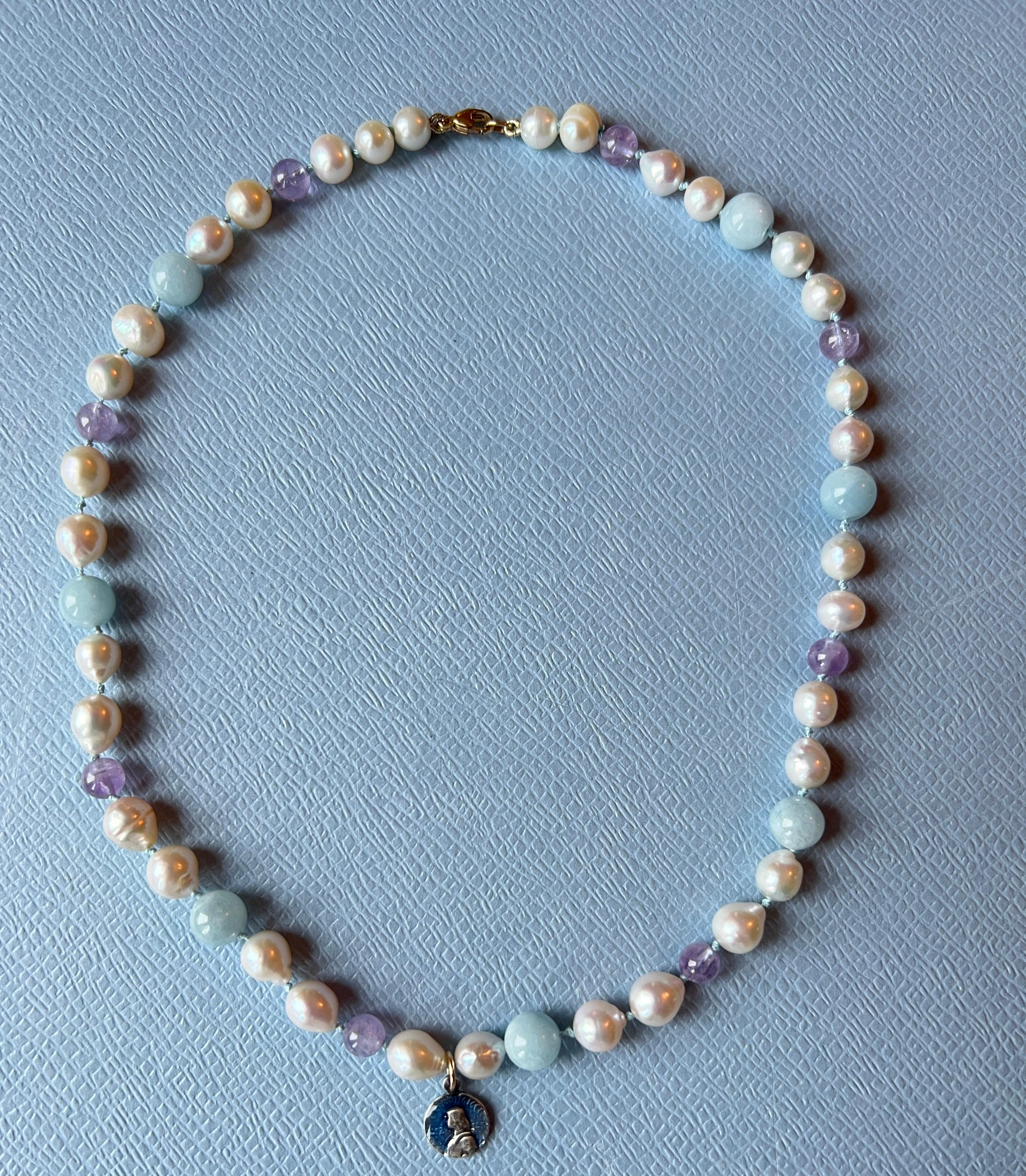 White Pearl Aquamarine Amhetyst Necklace Choker Joan of Arc For Sale 6