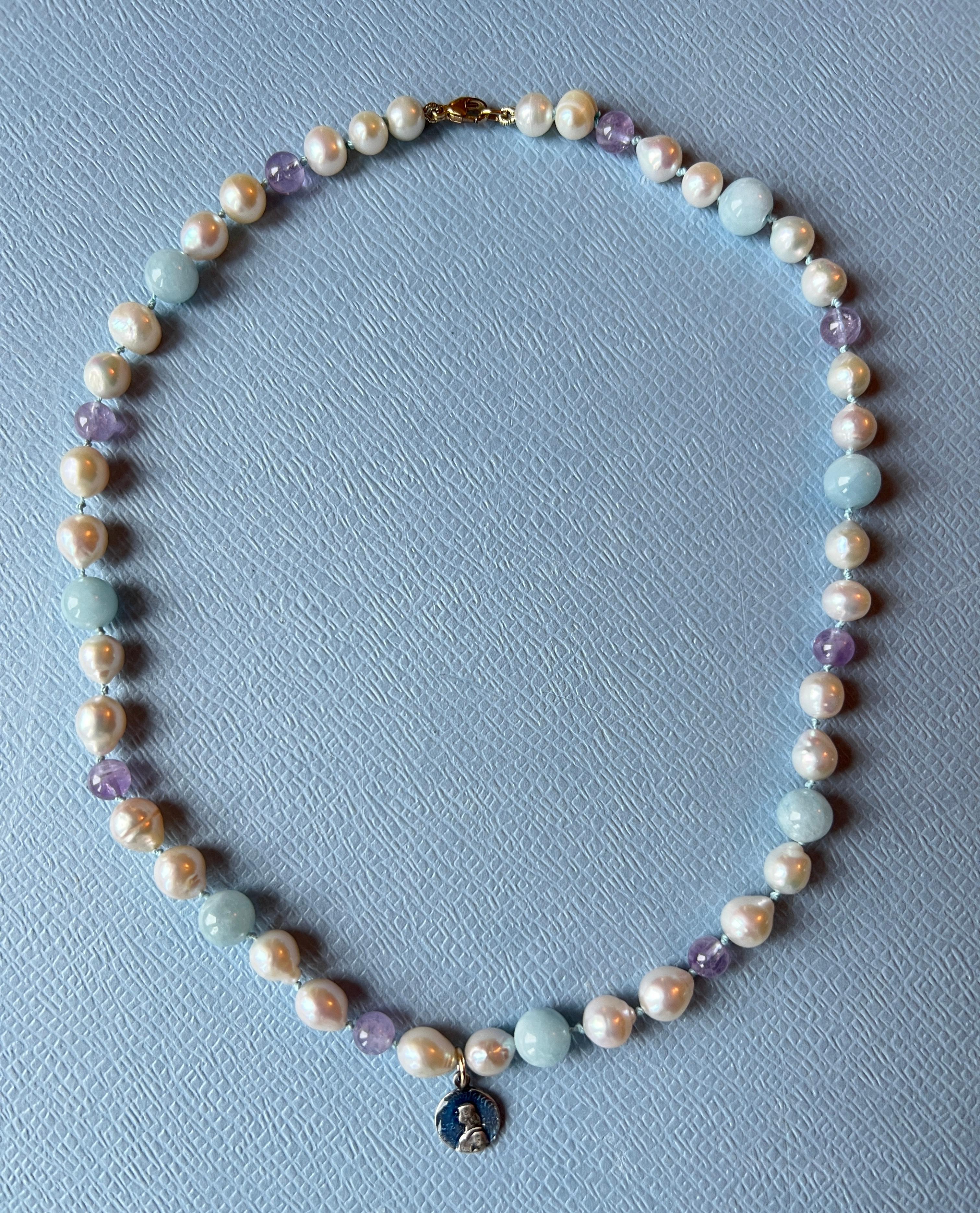 White Pearl Aquamarine Amhetyst Necklace Choker Joan of Arc For Sale 9